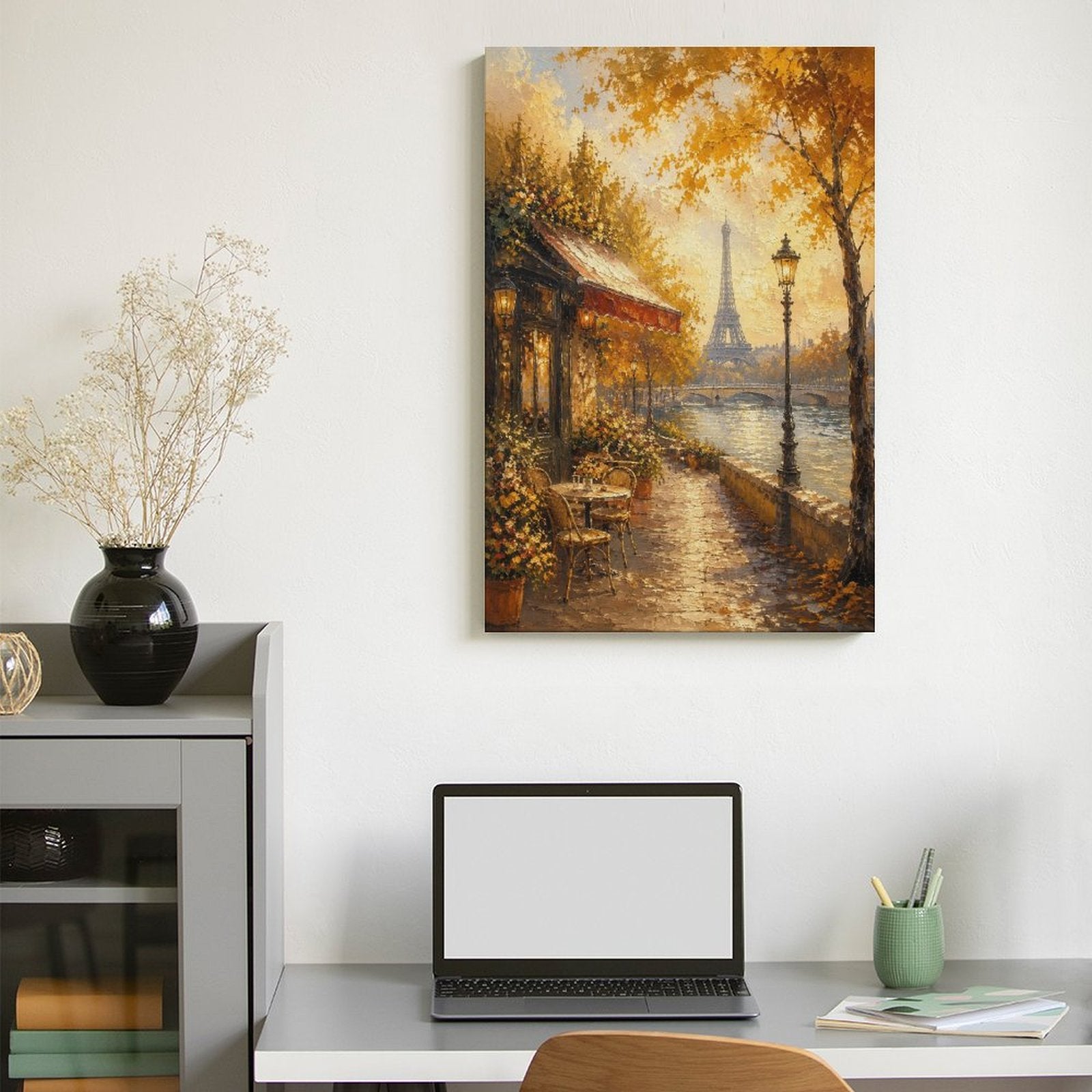 Paris Seine River Autumn Cafe Eiffel Tower Framed Canvas Wall Art | Romantic Impressionist Print