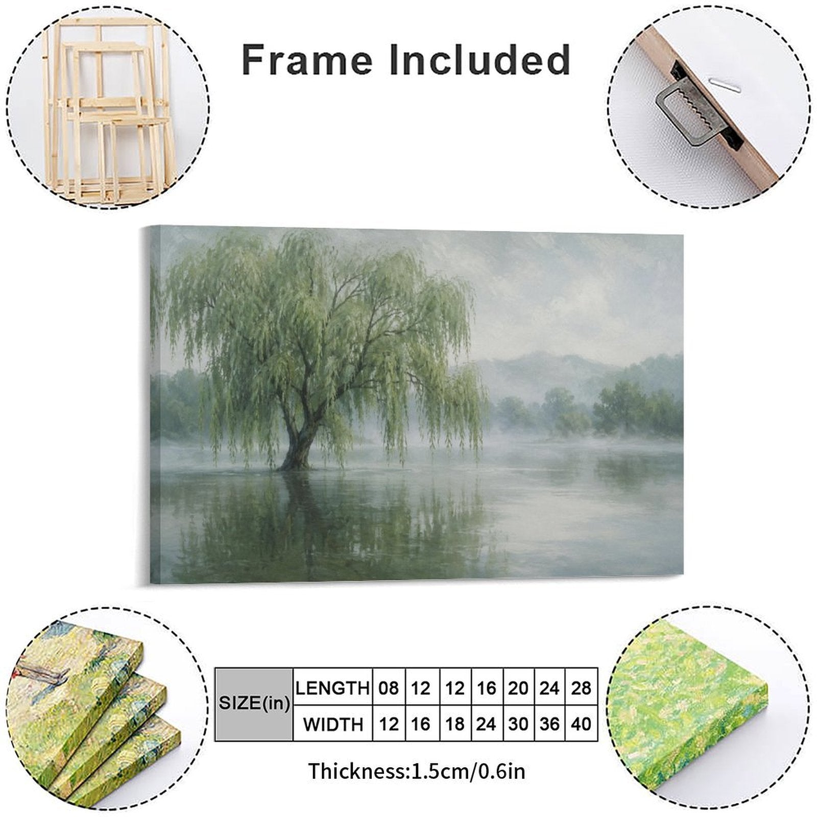 Misty Willow Tree Lake Reflection Framed Canvas Wall Art | Serene Chinese Landscape Print