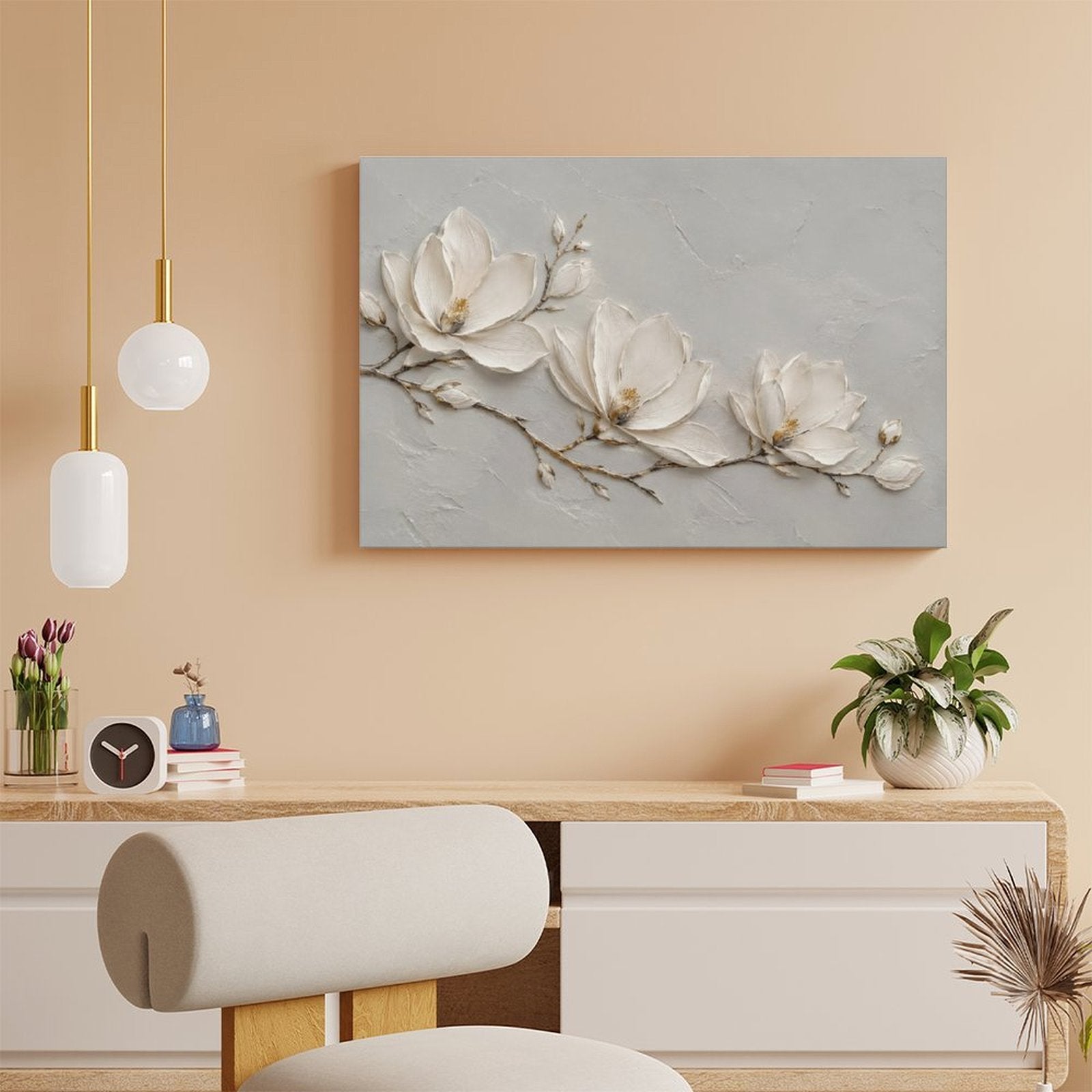 White Magnolia Branch Textured Framed Canvas Wall Art | Minimalist Floral Botanical Print