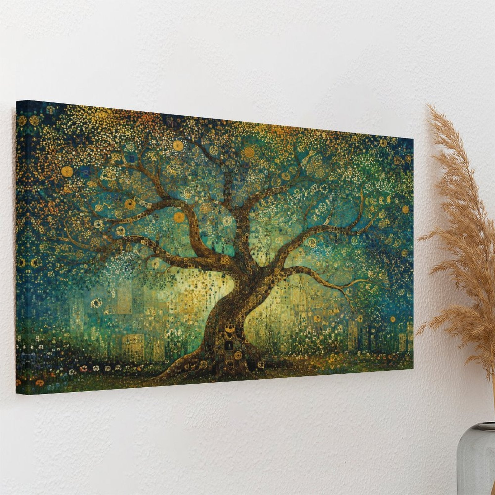Klimt-Style Tree of Life Gold Mosaic Framed Canvas Wall Art | Art Nouveau Teal Print
