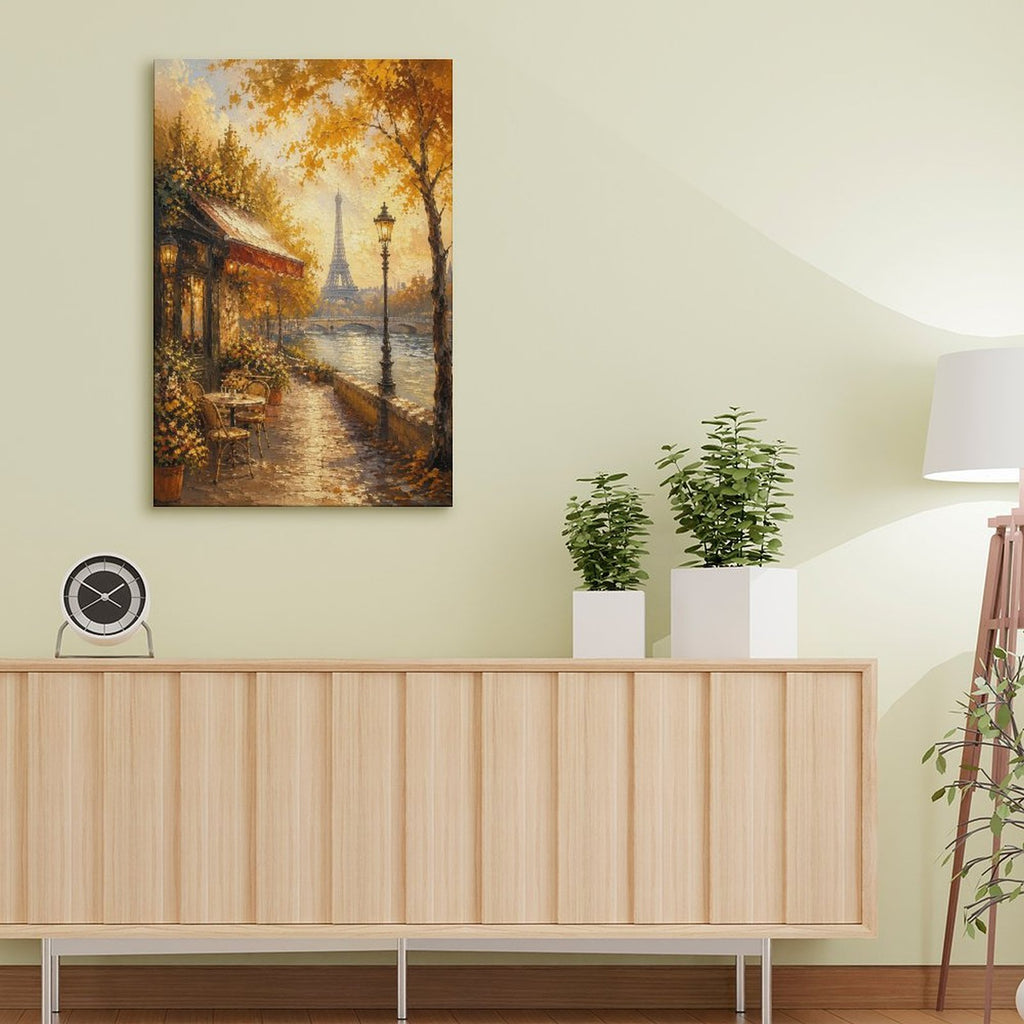 Paris Seine River Autumn Cafe Eiffel Tower Framed Canvas Wall Art | Romantic Impressionist Print