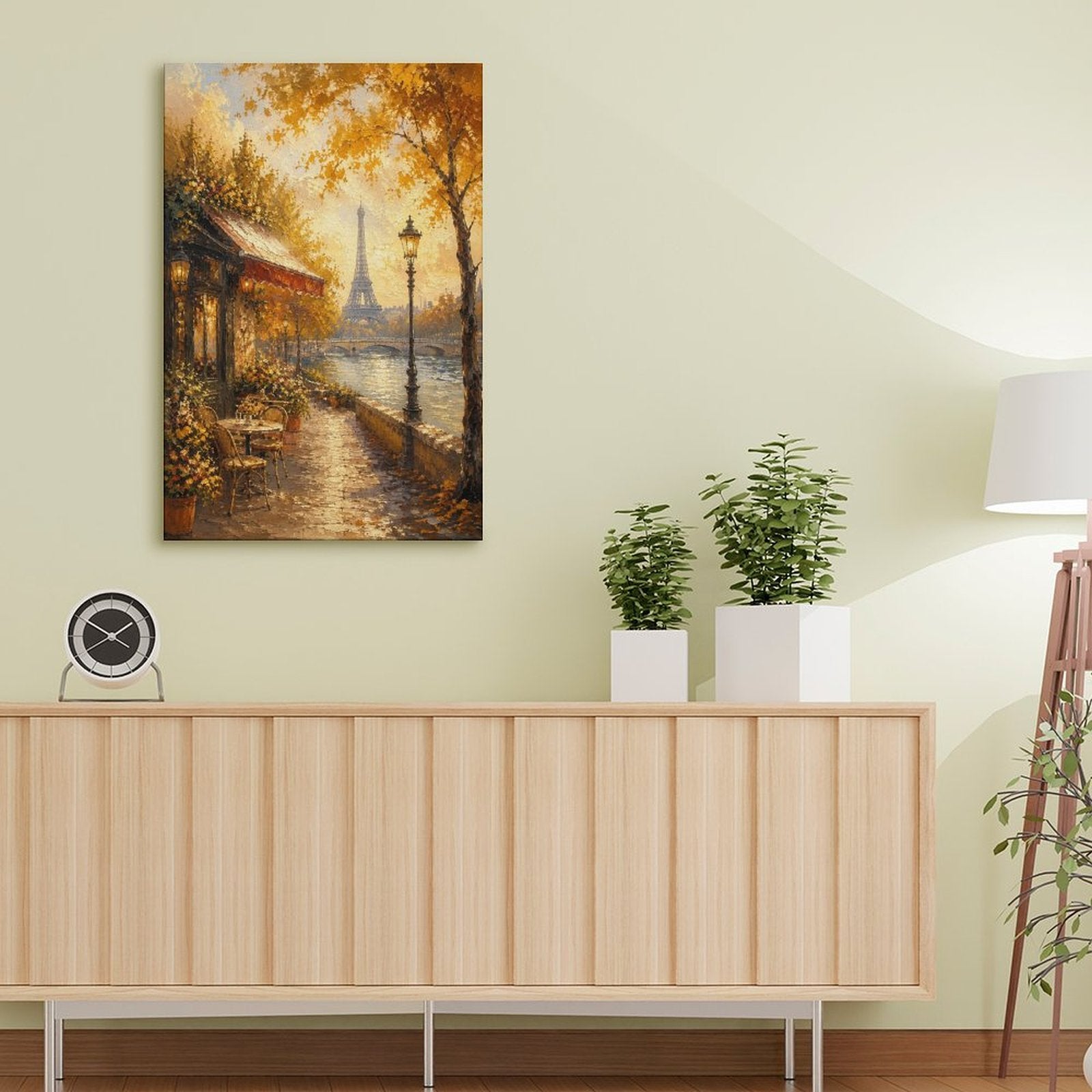 Paris Seine River Autumn Cafe Eiffel Tower Framed Canvas Wall Art | Romantic Impressionist Print