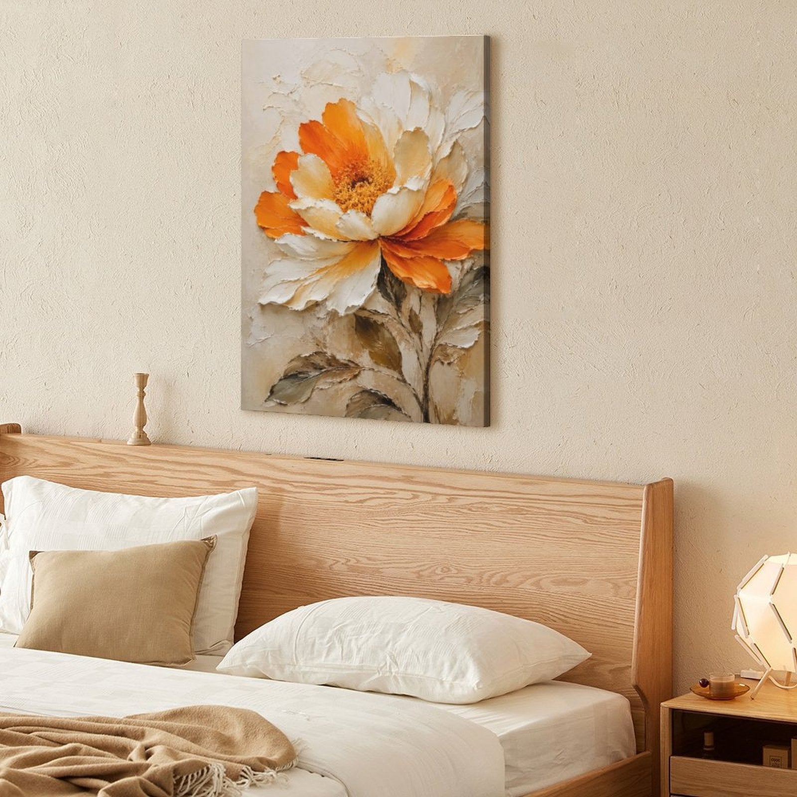 Orange & White Peony Textured Framed Canvas Wall Art | Floral Oil Painting Print