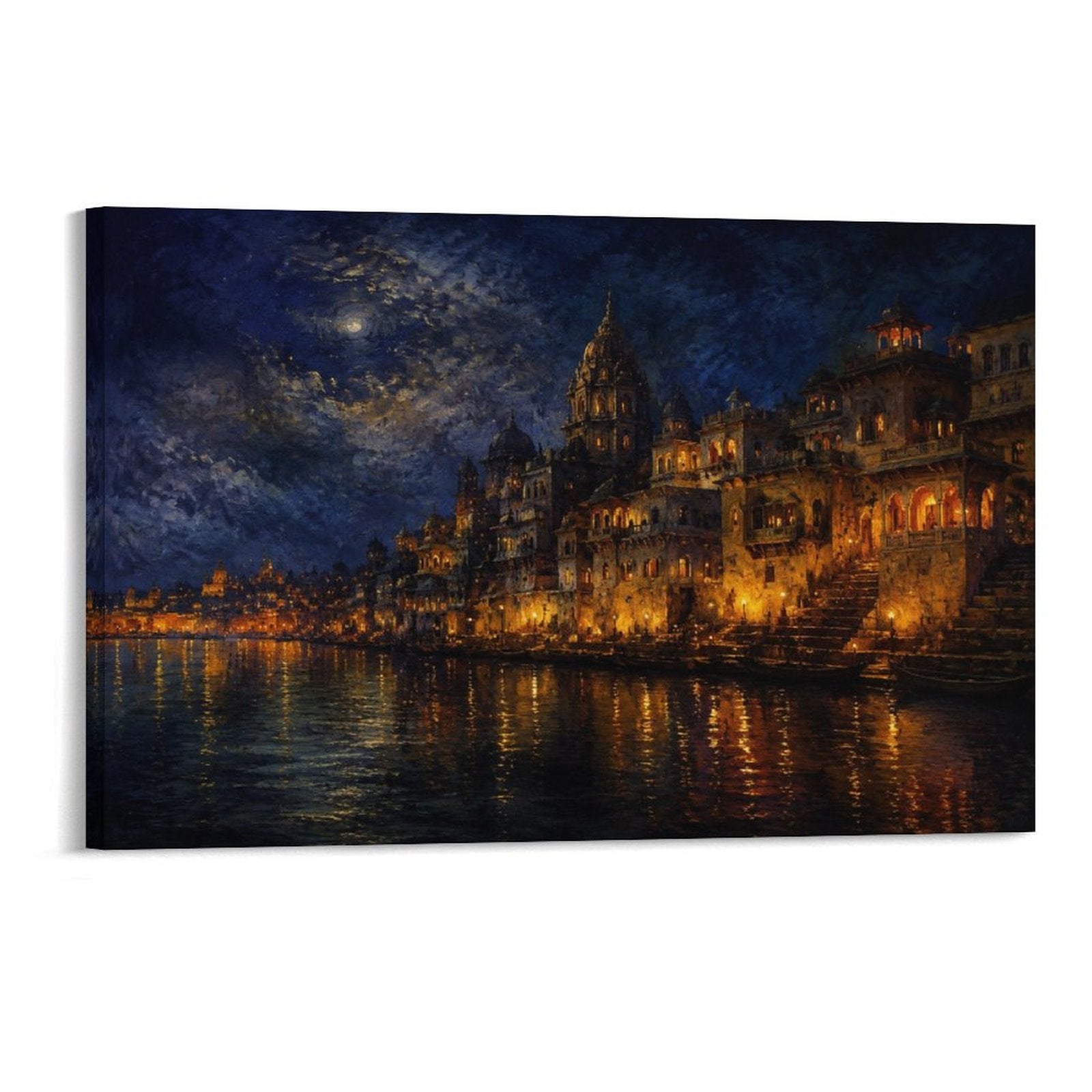 Varanasi Ganges River Night Glow Indian Temple Nocturne Framed Canvas Wall Art