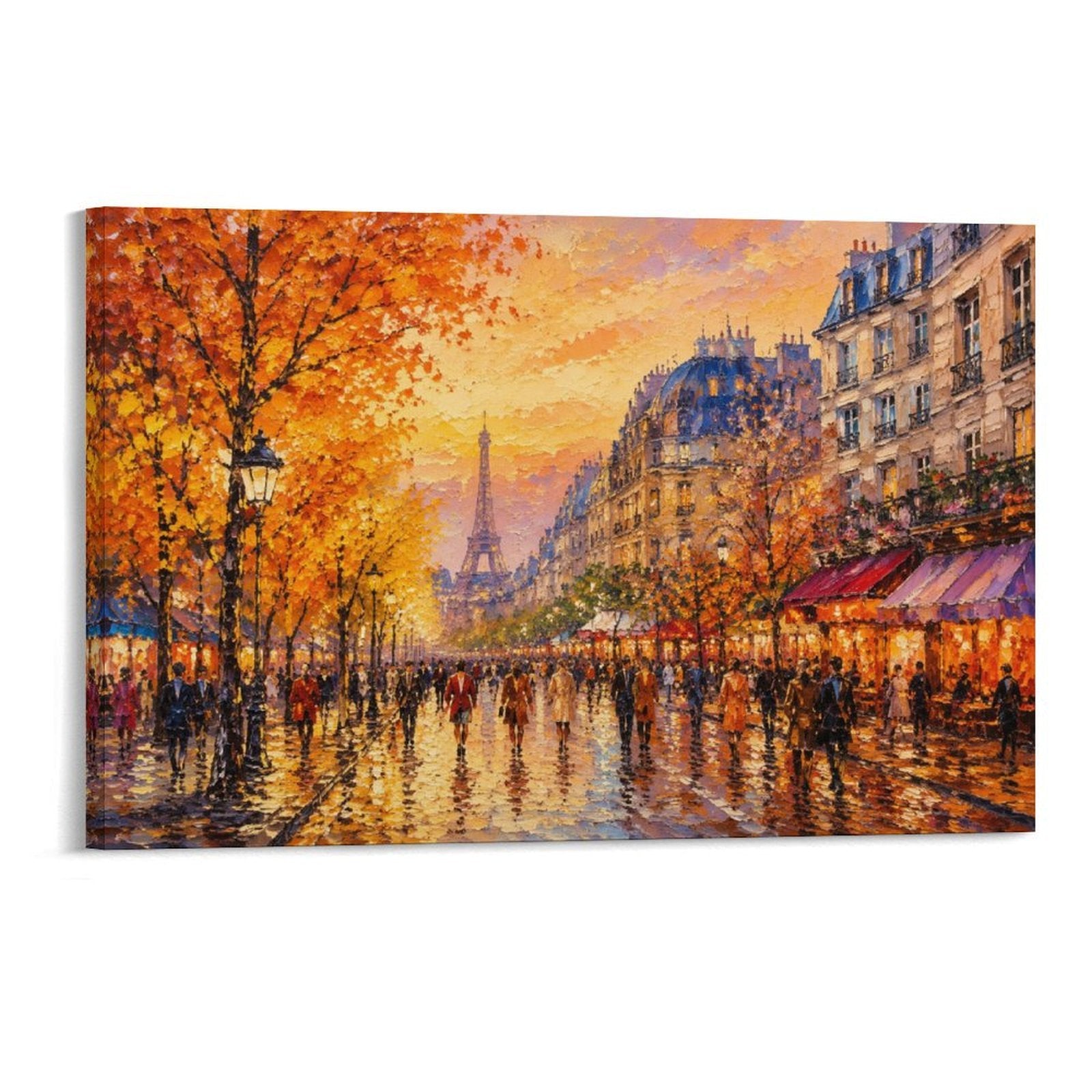 Paris Autumn Street Eiffel Tower Cafe Impressionist French City Framed Canvas Wall Art