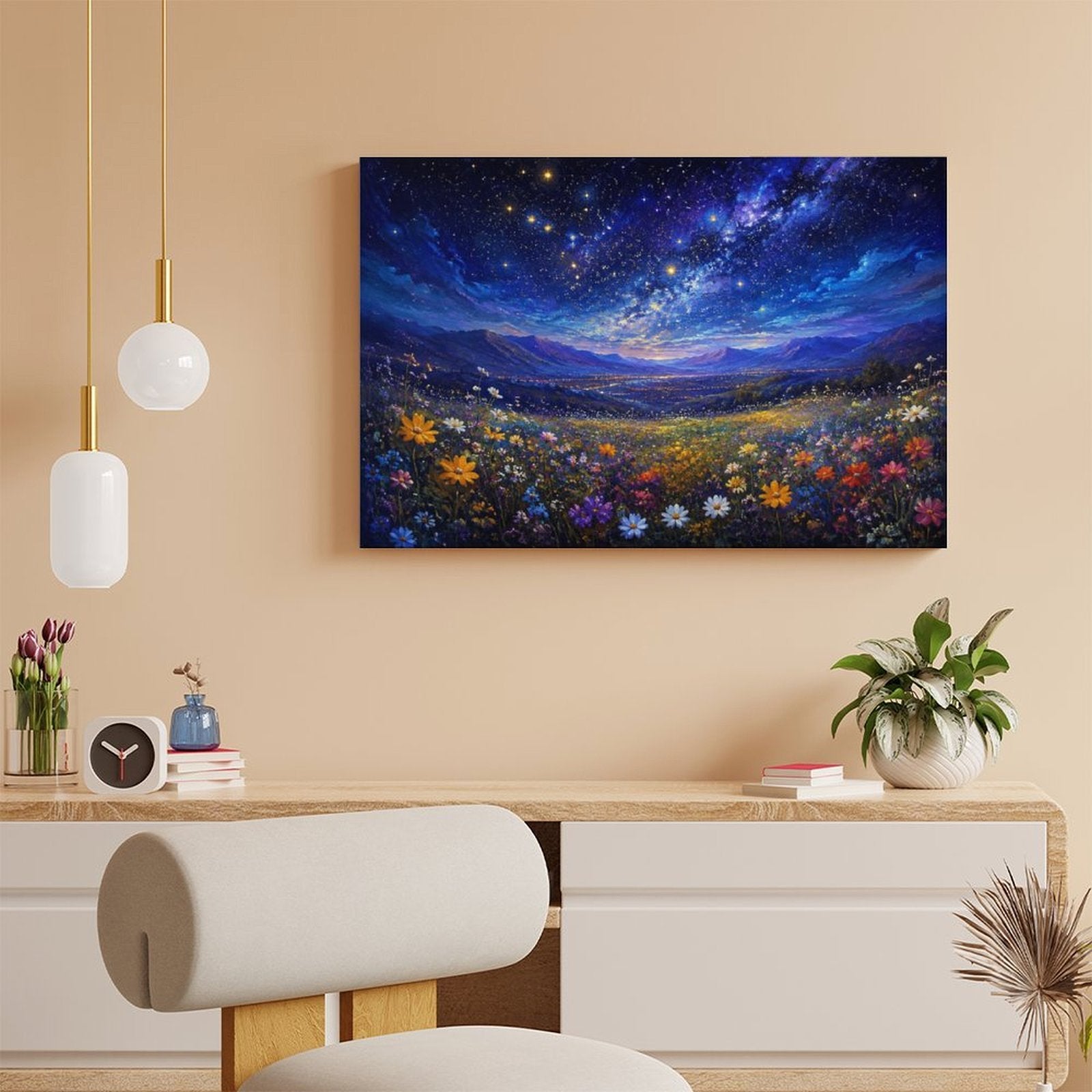Starry Night Wildflower Meadow Framed Canvas Wall Art | Galaxy Sky Colorful Floral Landscape Print