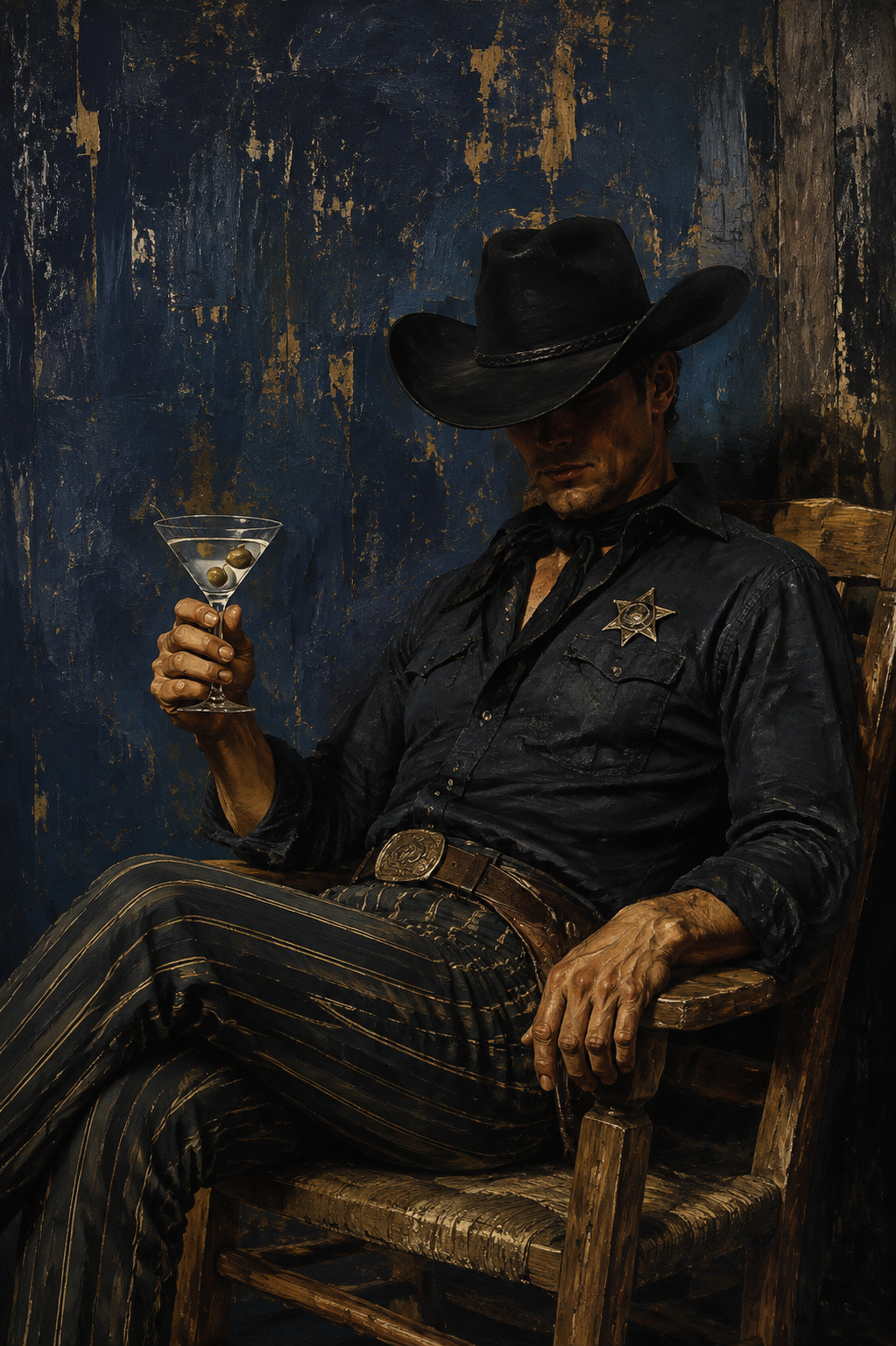 Cowboy Sheriff Martini Dark Blue Vintage Framed Canvas Wall Art | Western Noir Figurative Print