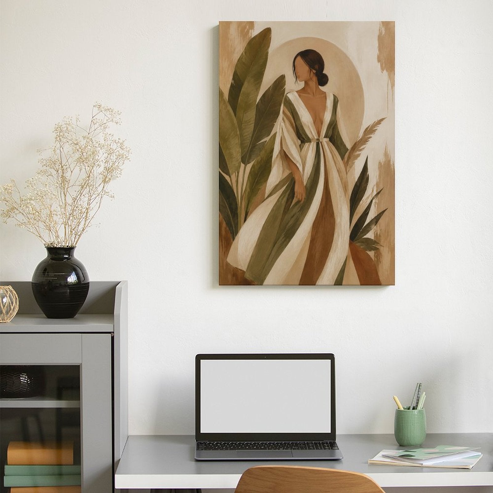 Boho Woman Striped Dress Tropical Leaves Framed Canvas Wall Art | Neutral Figurative Botanical Print