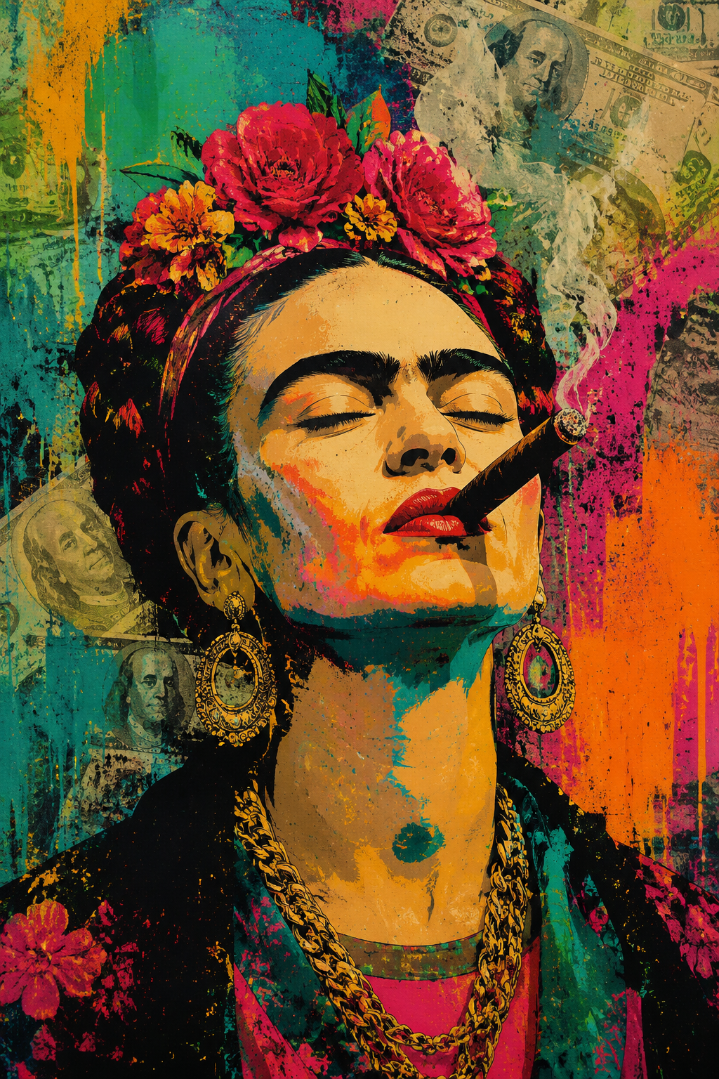 Frida-Style Pop Art Woman with Cigar Framed Canvas Wall Art | Bold Feminist Portrait Print