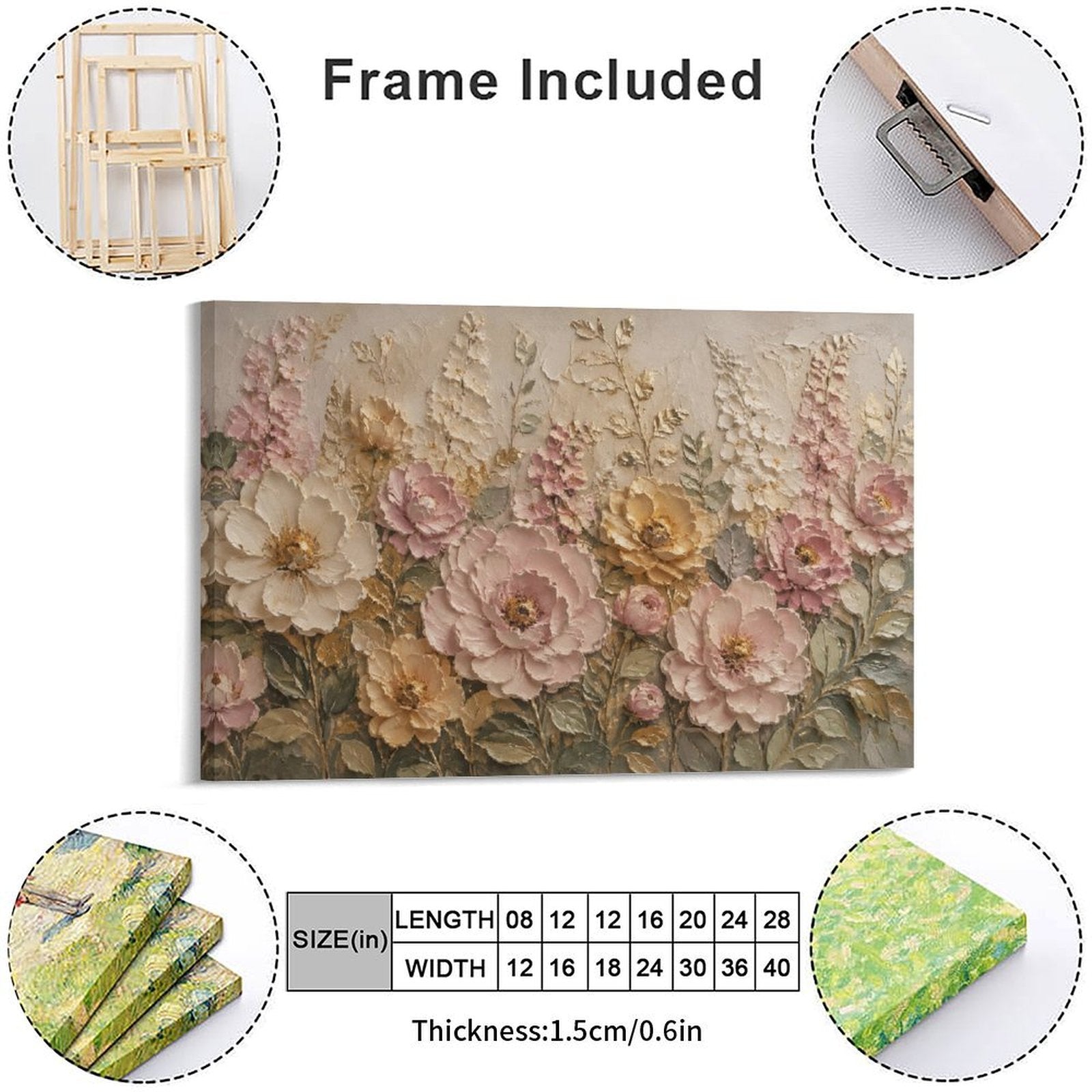 Pink Rose Cream Peony Gold Floral Textured Framed Canvas Wall Art | French Romantic Relief Print
