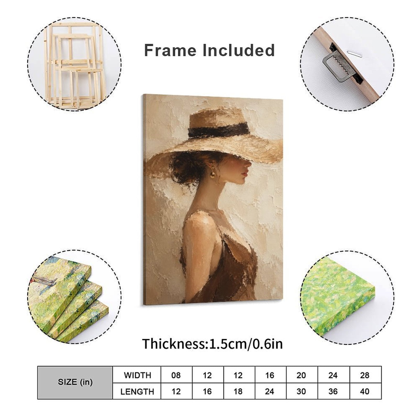 Elegant Woman Wide Brim Hat Textured Framed Canvas Wall Art | Neutral Figurative Portrait Print
