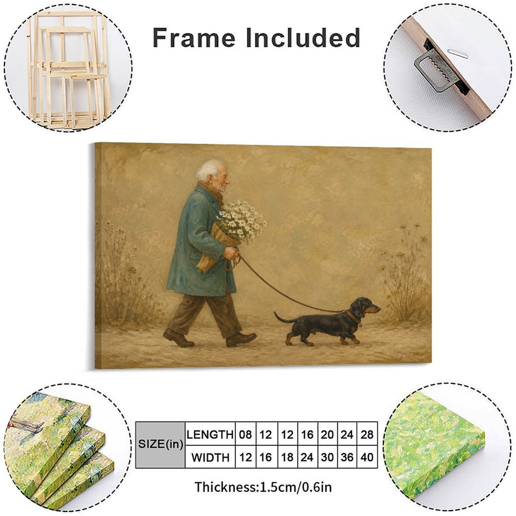 Old Man Walking Dachshund with Daisies Framed Canvas Wall Art | Vintage Heartwarming Dog Print