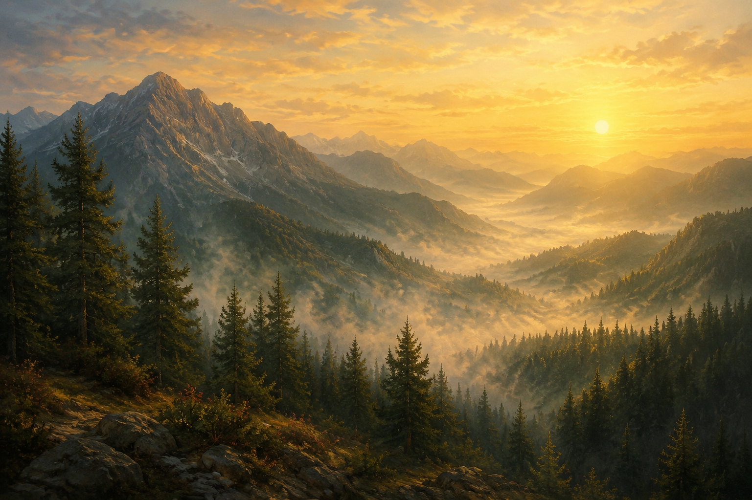 Alpine Mountain Valley Sunrise Framed Canvas Wall Art | Old Master Golden Landscape Print
