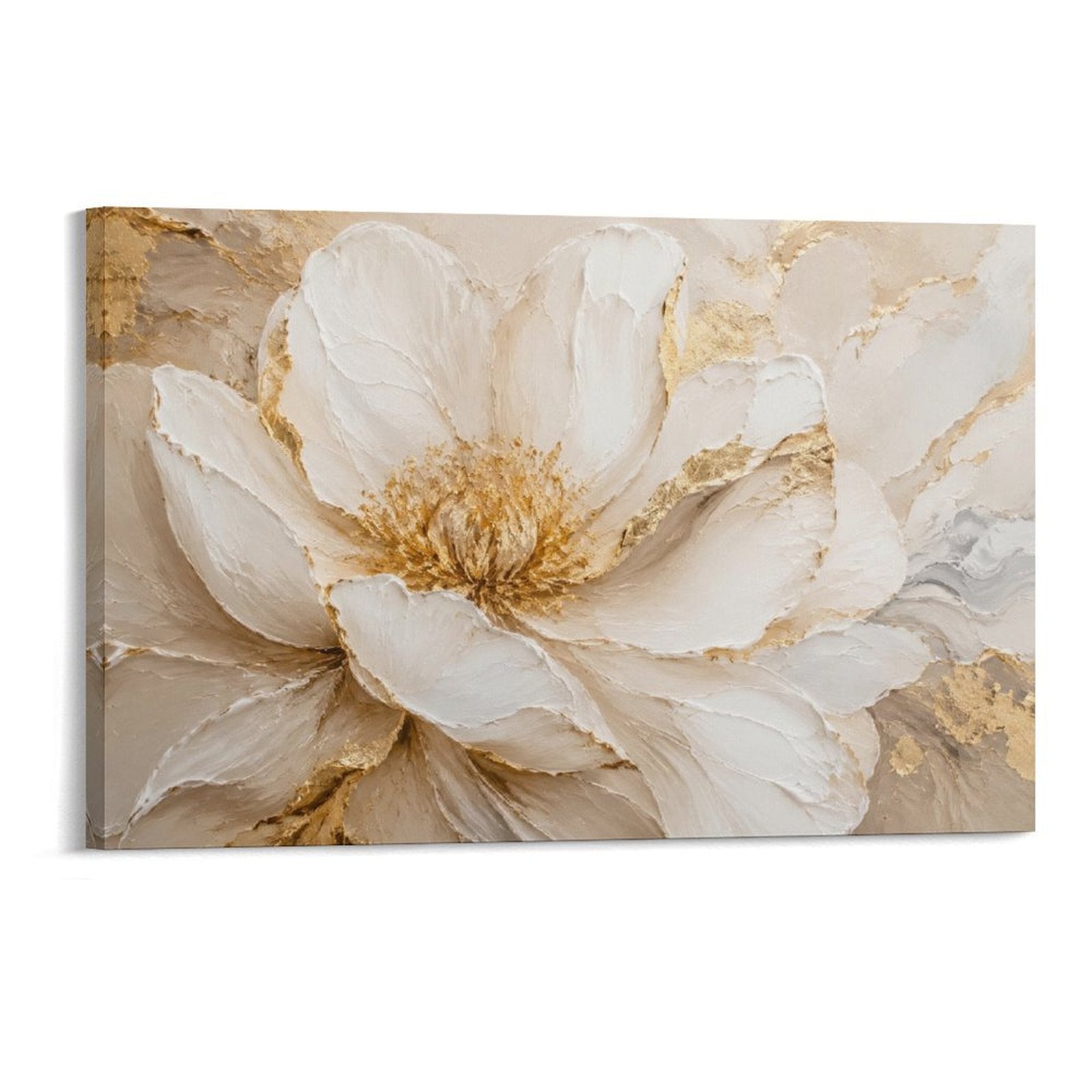 White Peony Gold Accent Close-Up Luxury Floral Textured Framed Canvas Wall Art