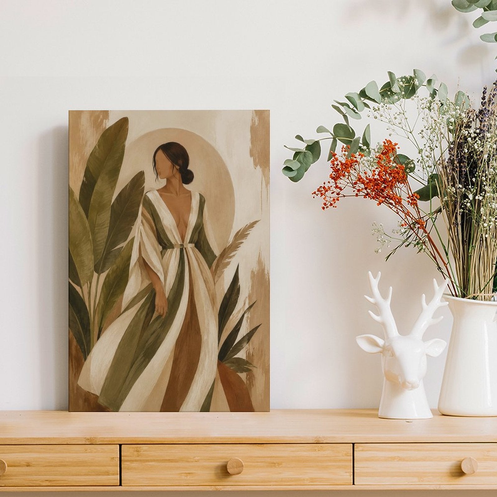 Boho Woman Striped Dress Tropical Leaves Framed Canvas Wall Art | Neutral Figurative Botanical Print