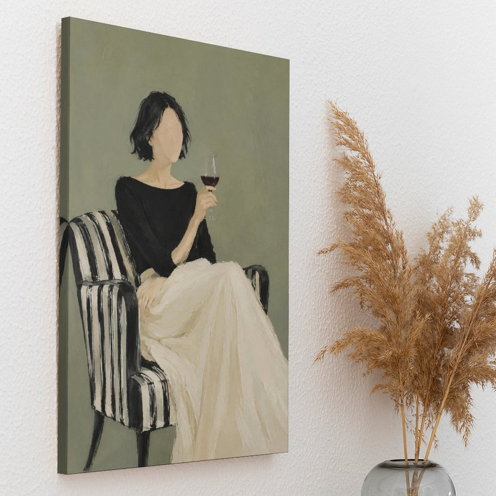Elegant Woman with Wine Glass Framed Canvas Wall Art | Minimalist Figurative Print