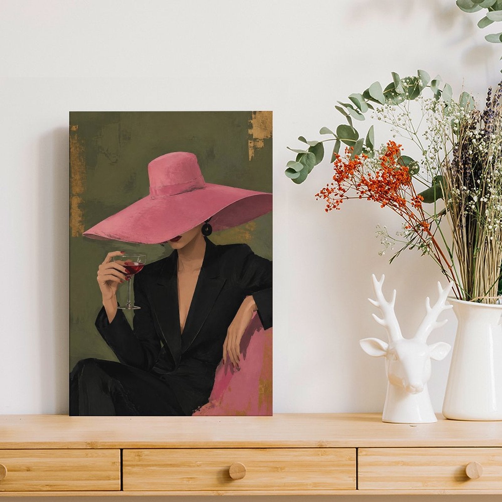 Chic Woman Pink Hat Red Wine Framed Canvas Wall Art | Vintage Fashion Figurative Print