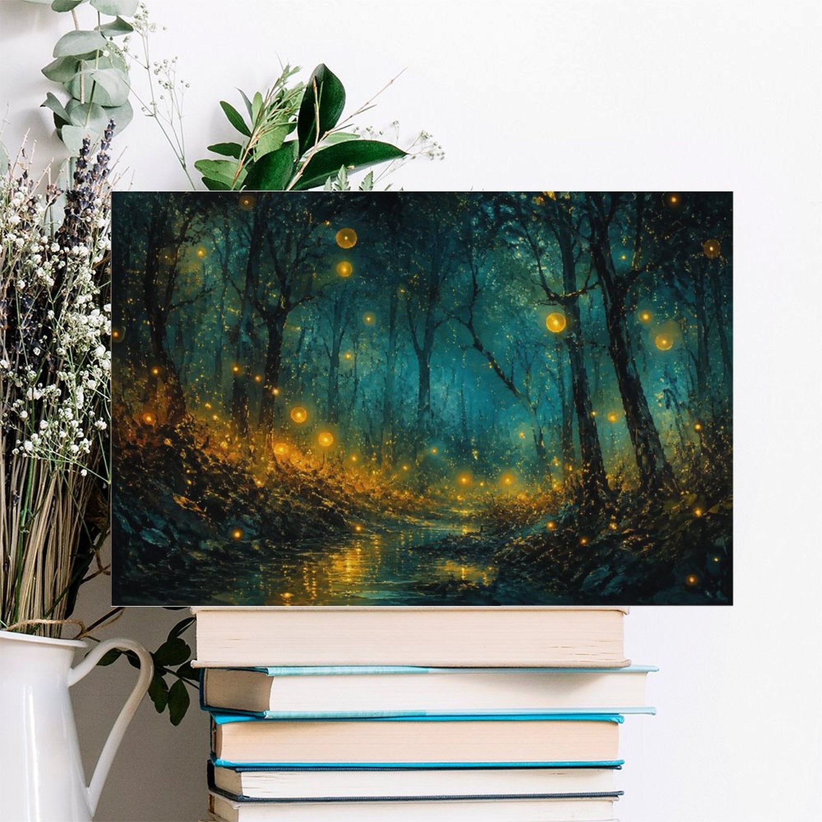 Firefly Enchanted Forest Night Framed Canvas Wall Art | Magical Dark Woodland Stream Print