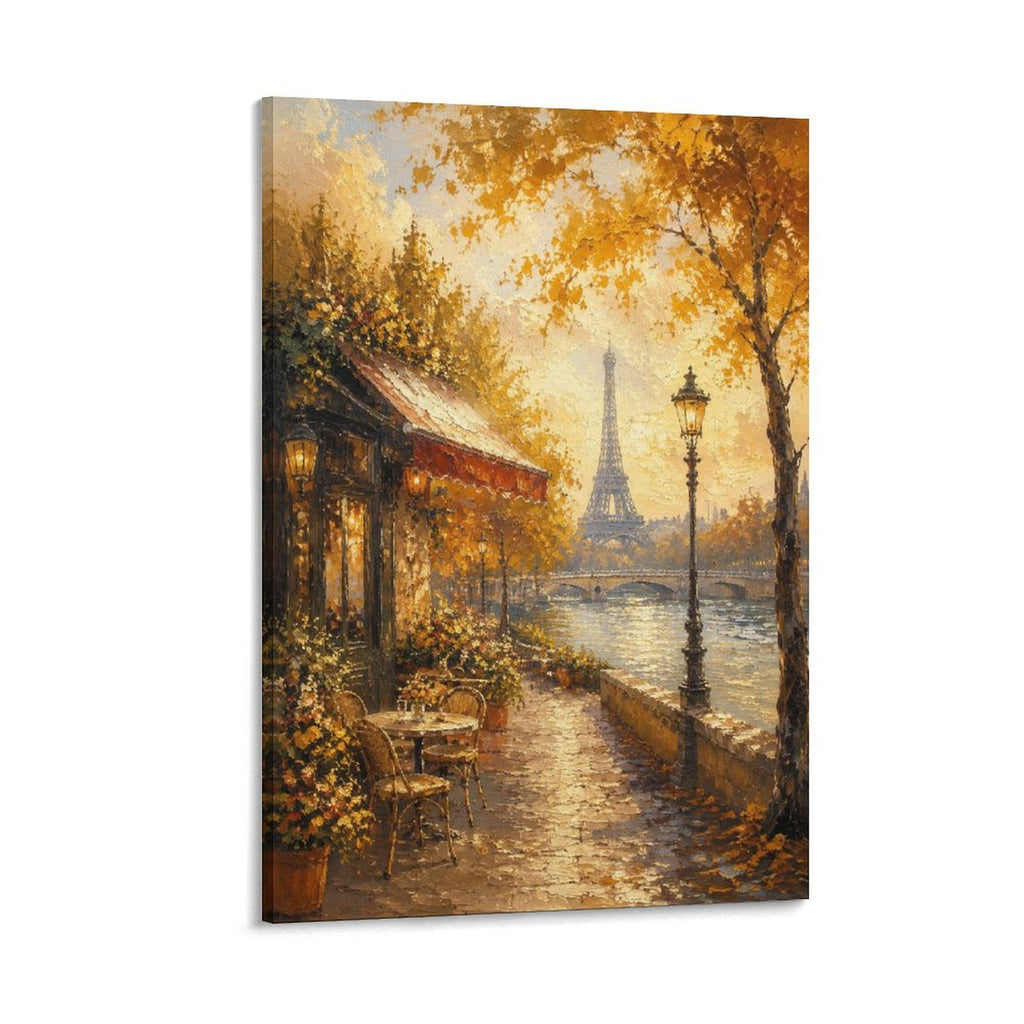 Paris Seine River Autumn Cafe Eiffel Tower Romantic Impressionist Framed Canvas Wall Art