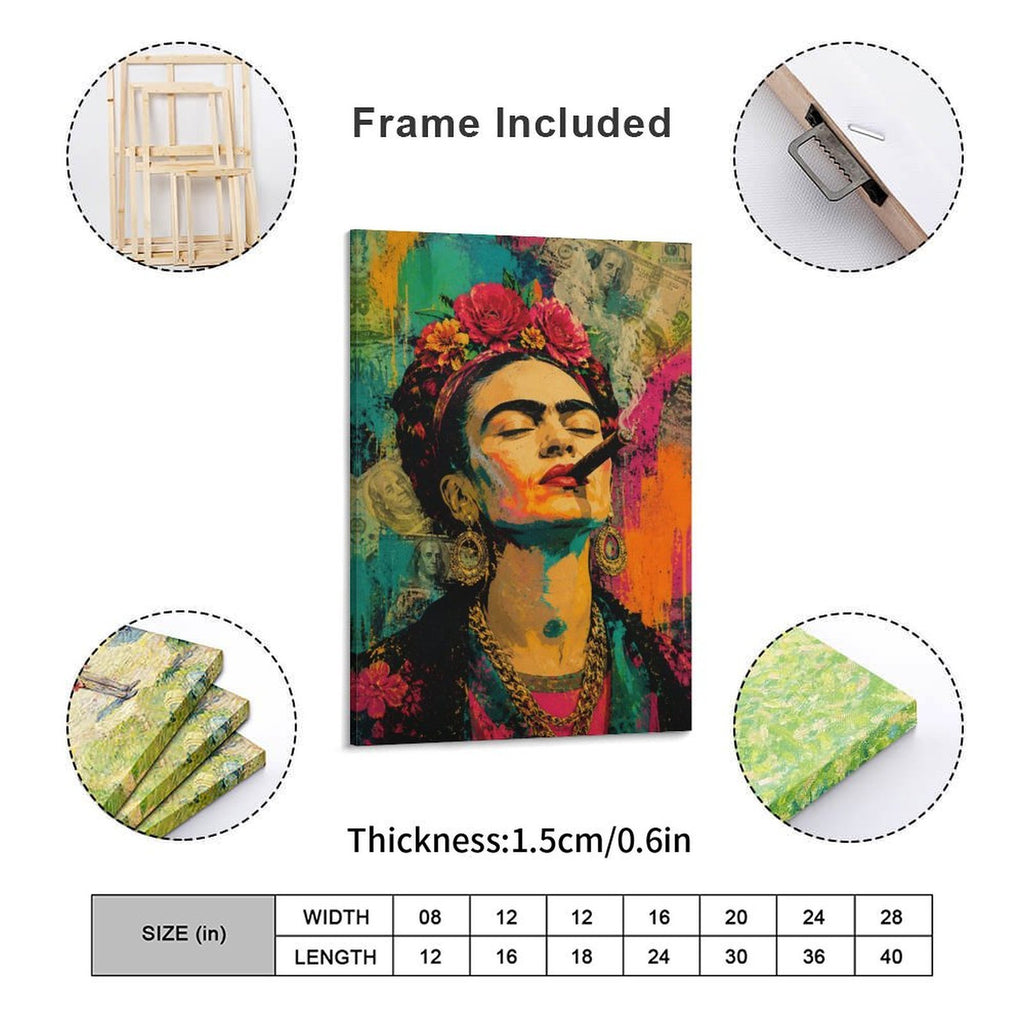 Frida-Style Pop Art Woman with Cigar Framed Canvas Wall Art | Bold Feminist Portrait Print