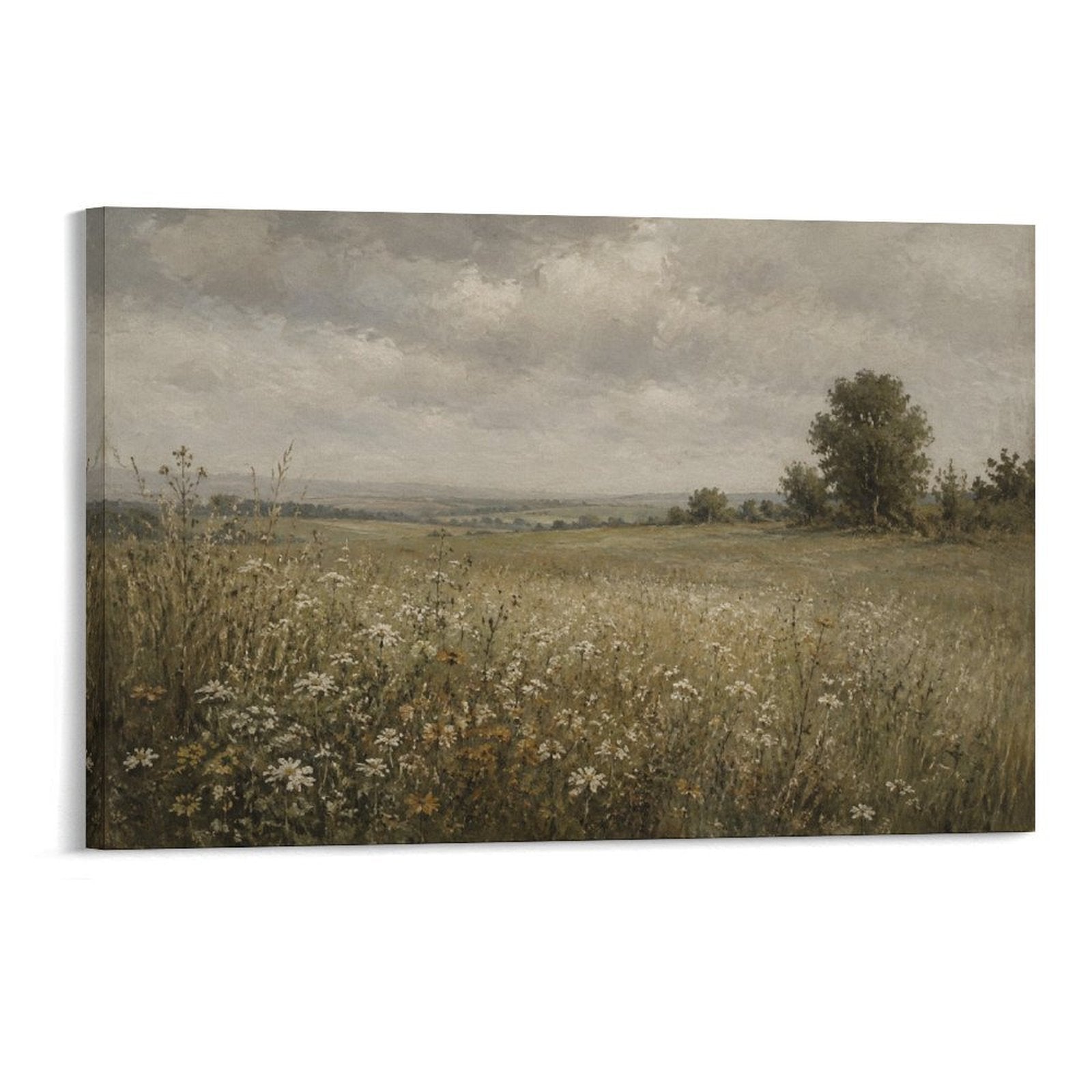 English Country Meadow Daisy Field Vintage Moody Landscape Framed Canvas Wall Art