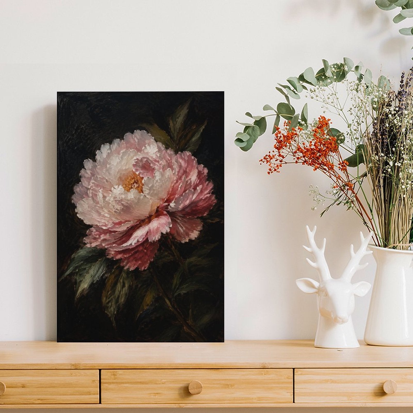 Pink Peony Dark Background Dutch Master Framed Canvas Wall Art | Old Master Floral Still Life Print