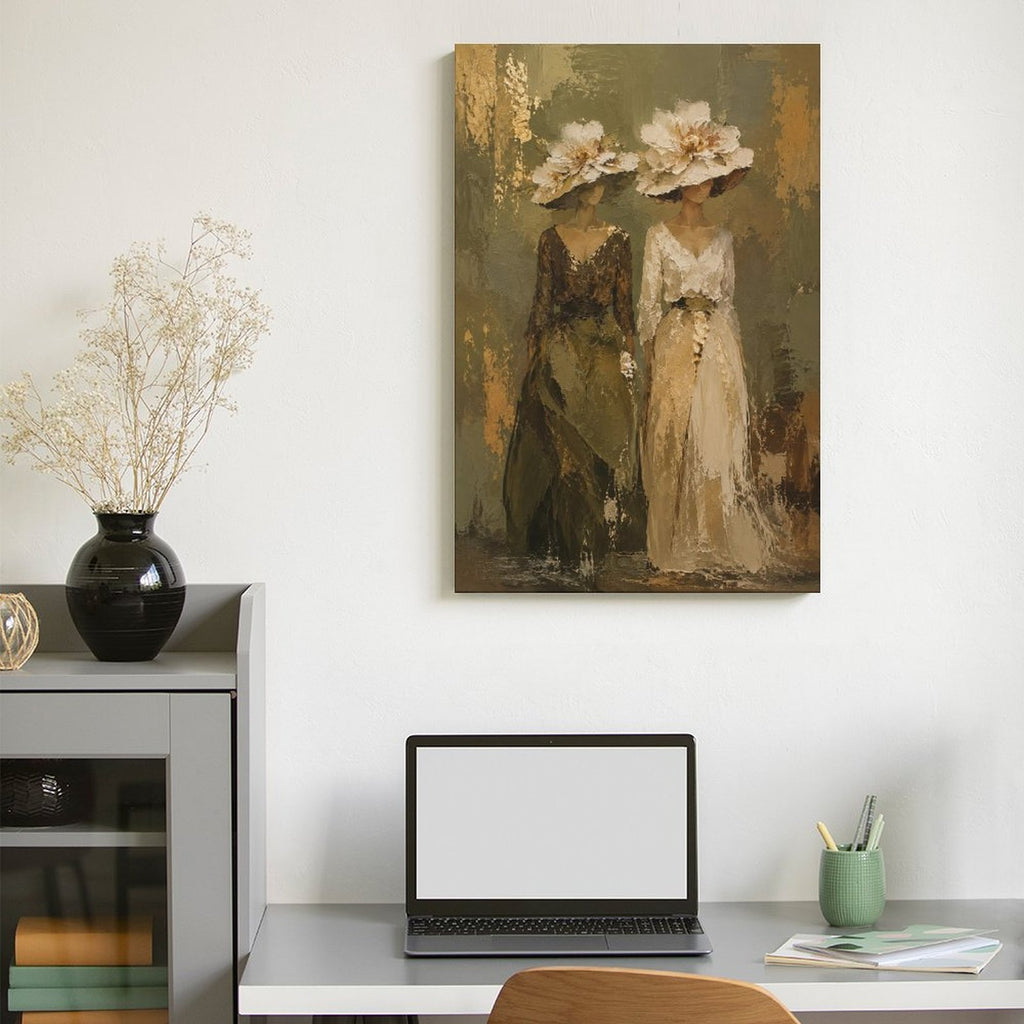 Two Elegant Women Floral Hat Vintage Framed Canvas Wall Art | Old Master Figurative Print