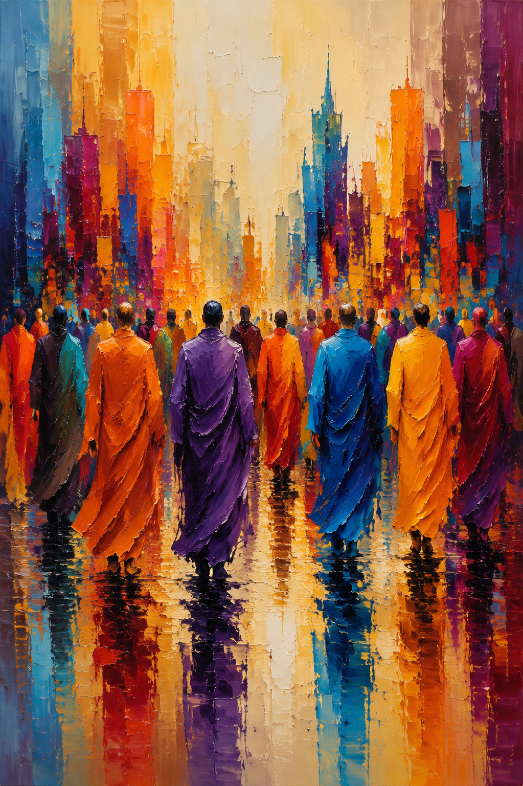 Buddhist Monks Colorful City Walk Framed Canvas Wall Art | Spiritual Expressionist Print