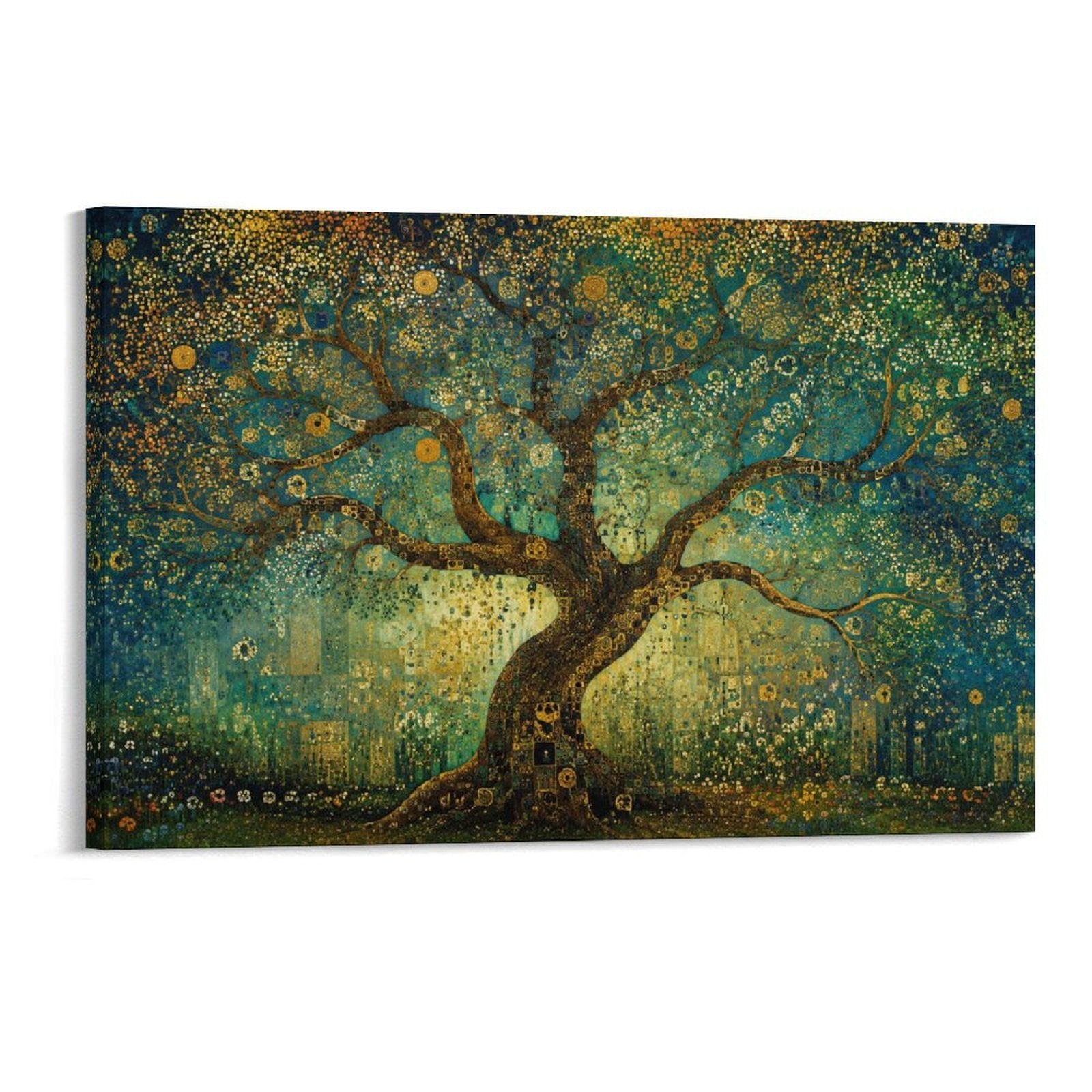 Klimt-Style Tree of Life Gold Mosaic Art Nouveau Teal Framed Canvas Wall Art