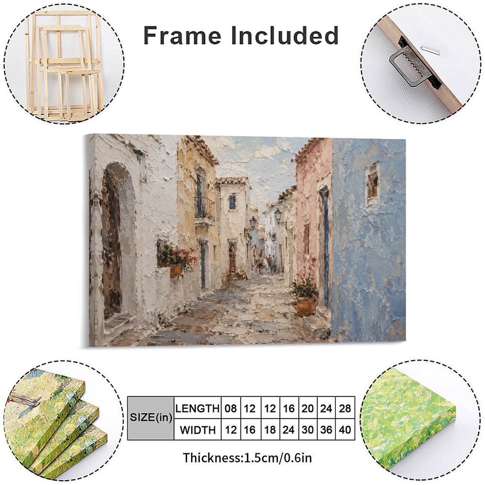 Mediterranean White Village Alley Framed Canvas Wall Art | Textured European Street Print
