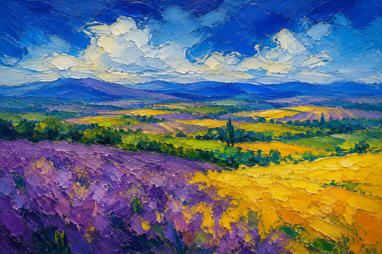 Provence Lavender Field Impressionist Framed Canvas Wall Art | Purple Yellow Landscape Textured Print