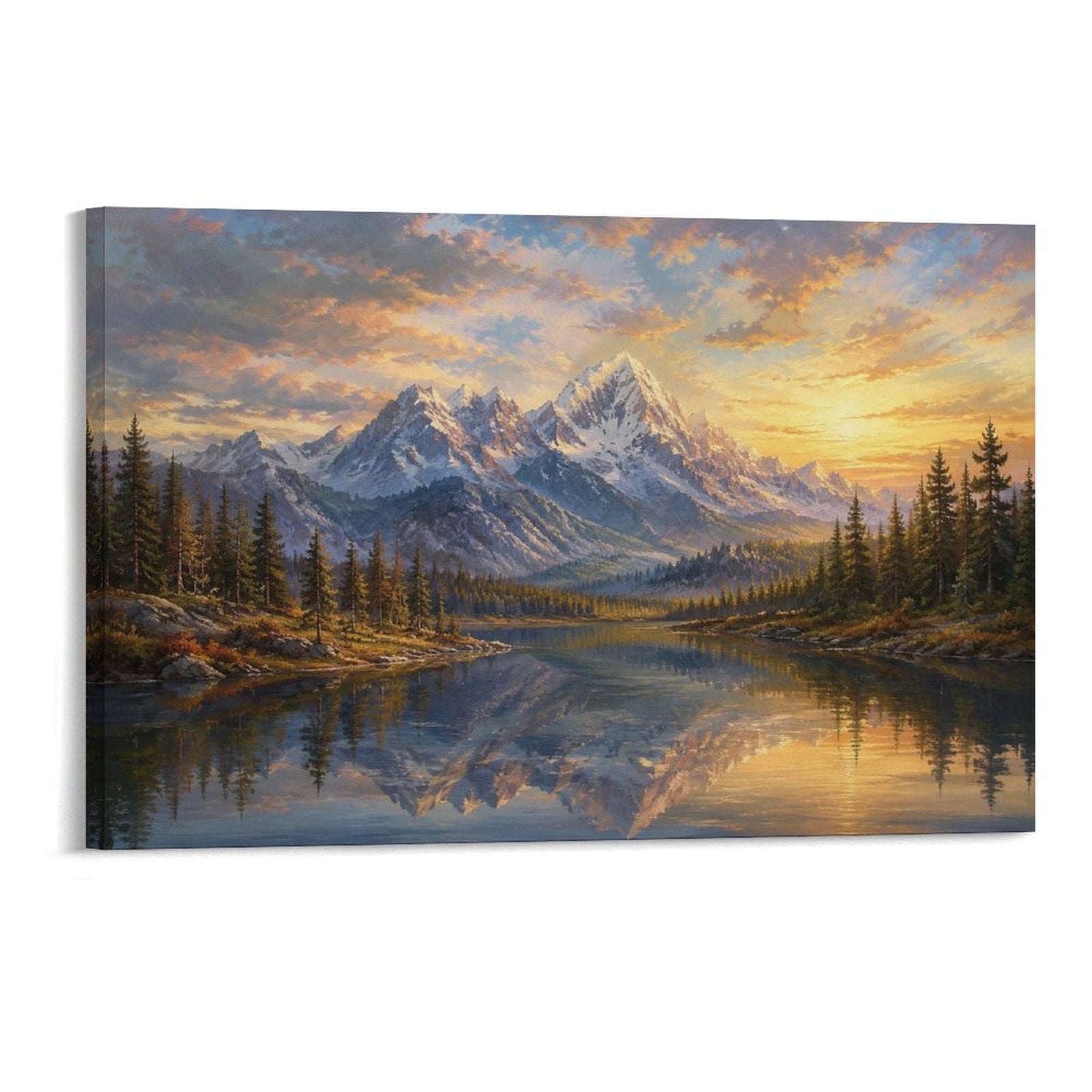 Snow Mountain Sunset Lake Reflection Pine Forest Old Master Landscape Framed Canvas Wall Art