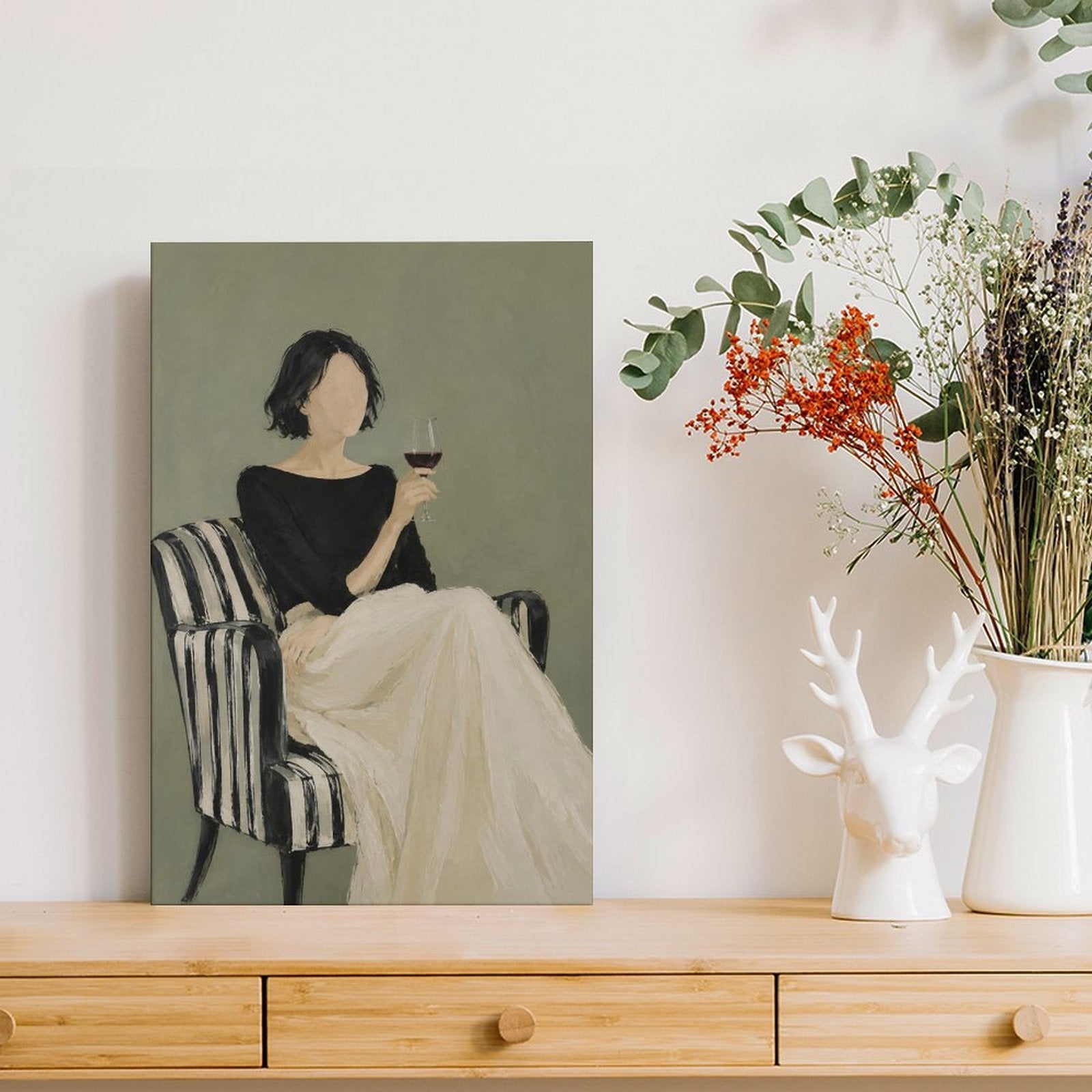 Elegant Woman with Wine Glass Framed Canvas Wall Art | Minimalist Figurative Print