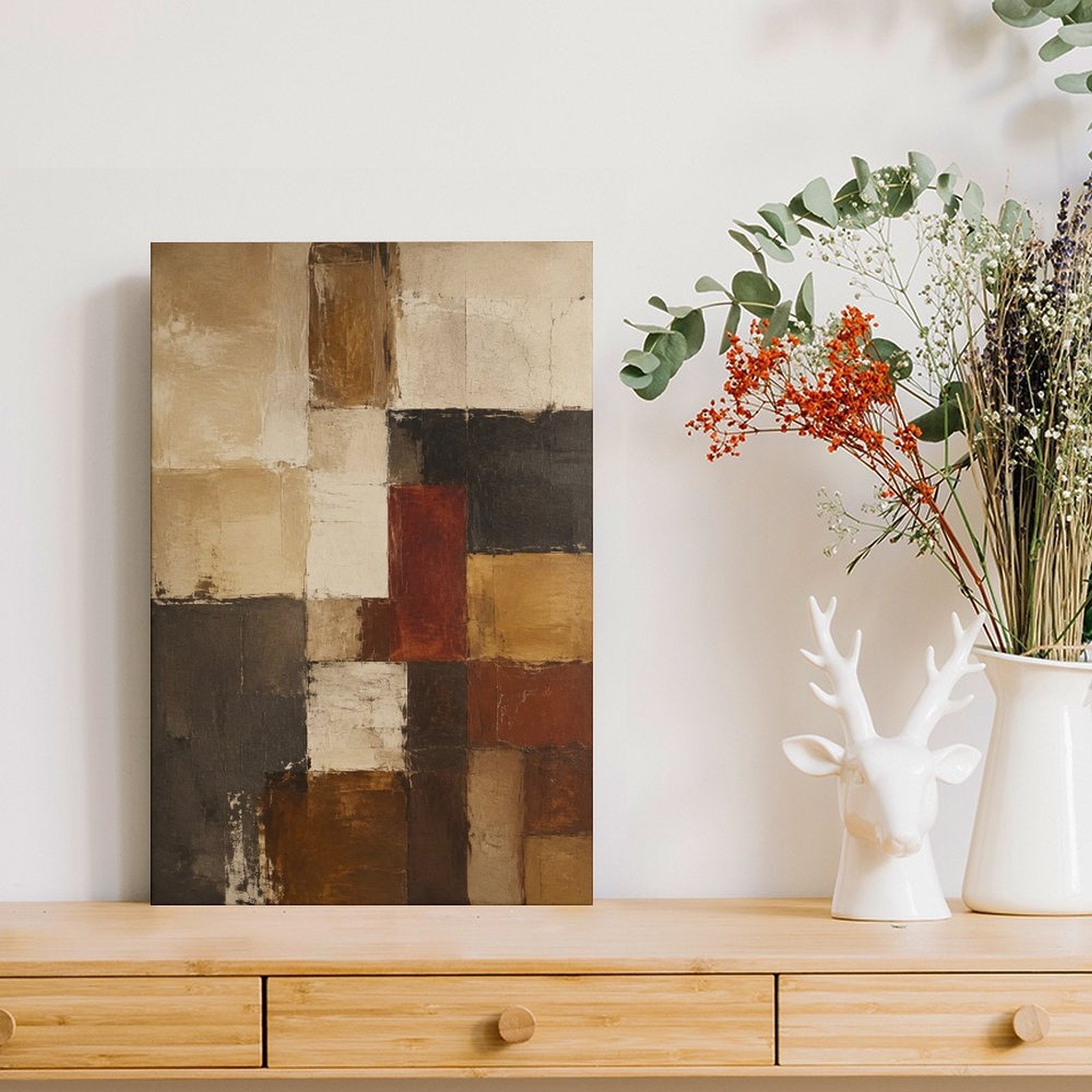 Earth Tone Geometric Block Abstract Textured Framed Canvas Wall Art | Mondrian-Style Neutral Print