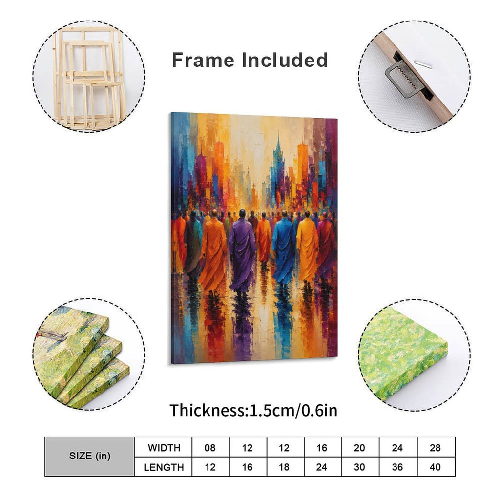 Buddhist Monks Colorful City Walk Framed Canvas Wall Art | Spiritual Expressionist Print