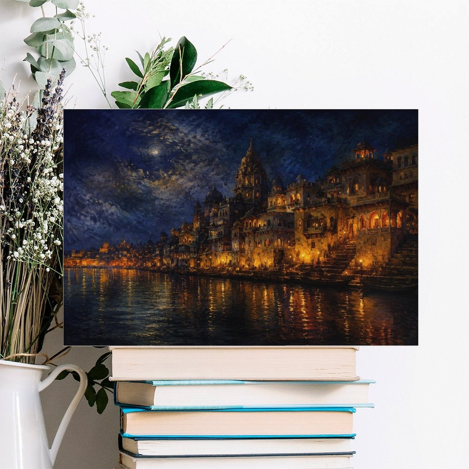 Varanasi Ganges River Night Glow Framed Canvas Wall Art | Indian Temple Nocturne Print