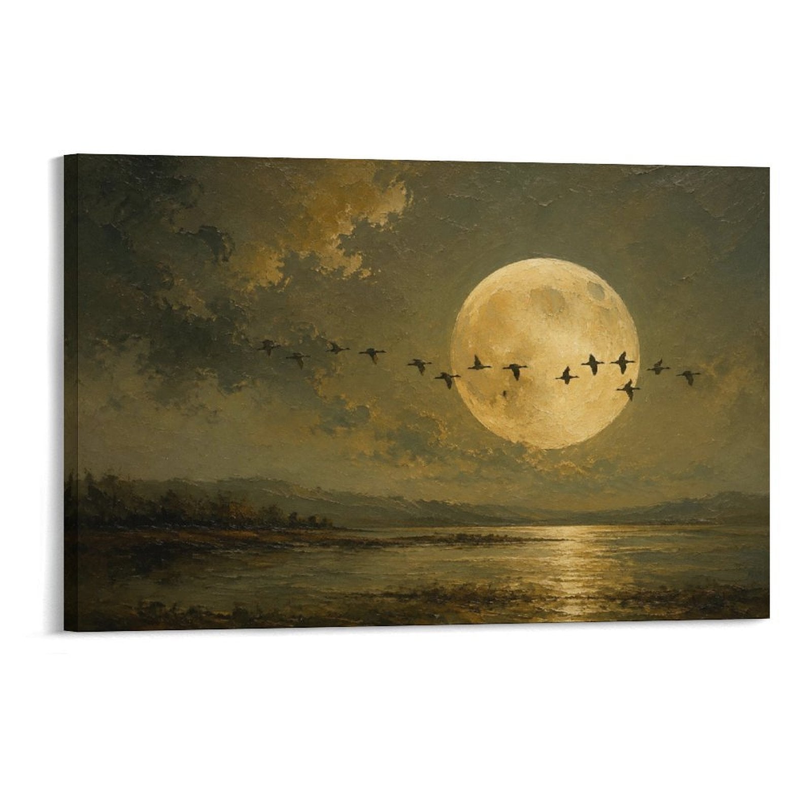 Full Moon Migrating Birds Lake Reflection Old Master Nocturnal Landscape Framed Canvas Wall Art