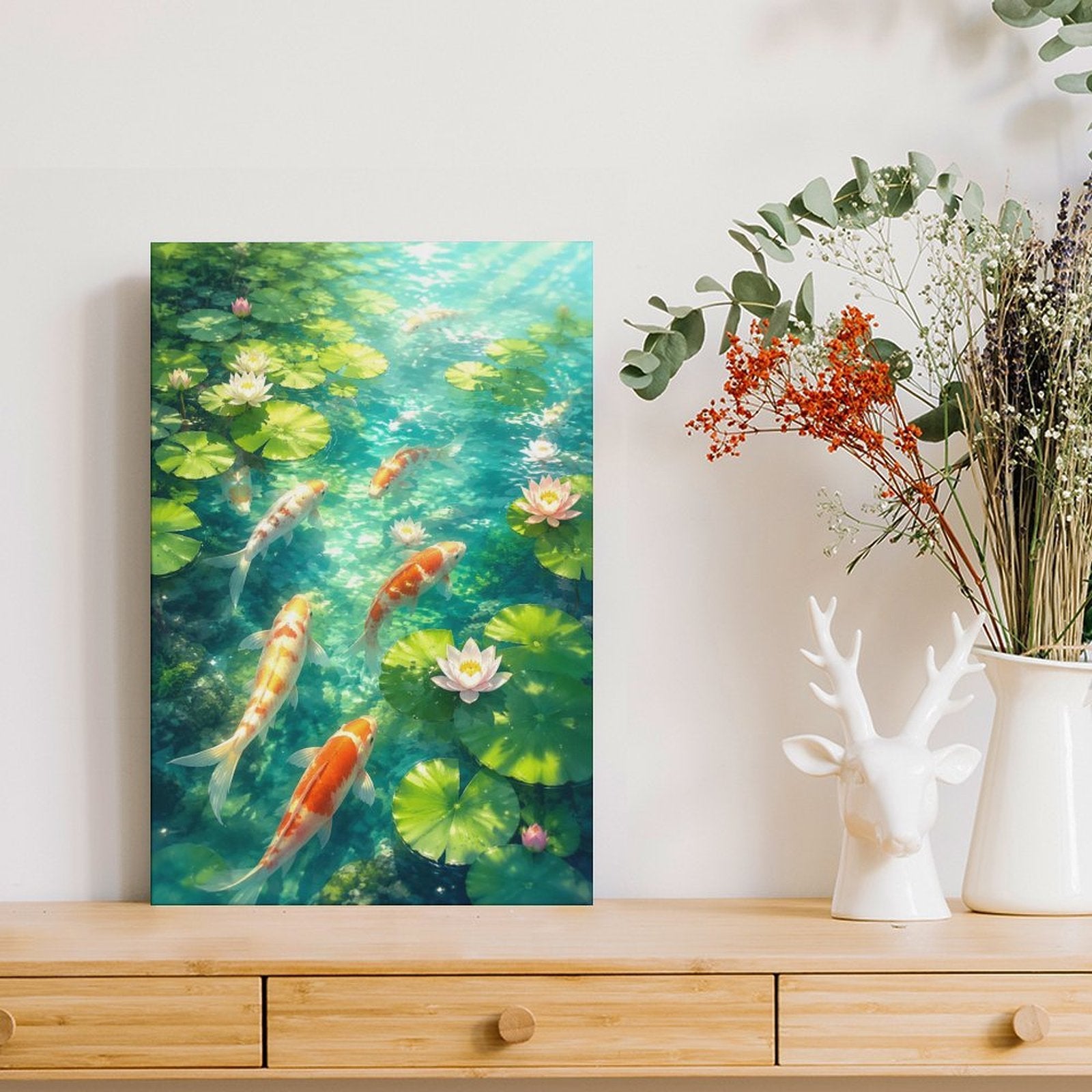 Koi Fish Lotus Pond Framed Canvas Wall Art | Japanese Zen Garden Nature Print