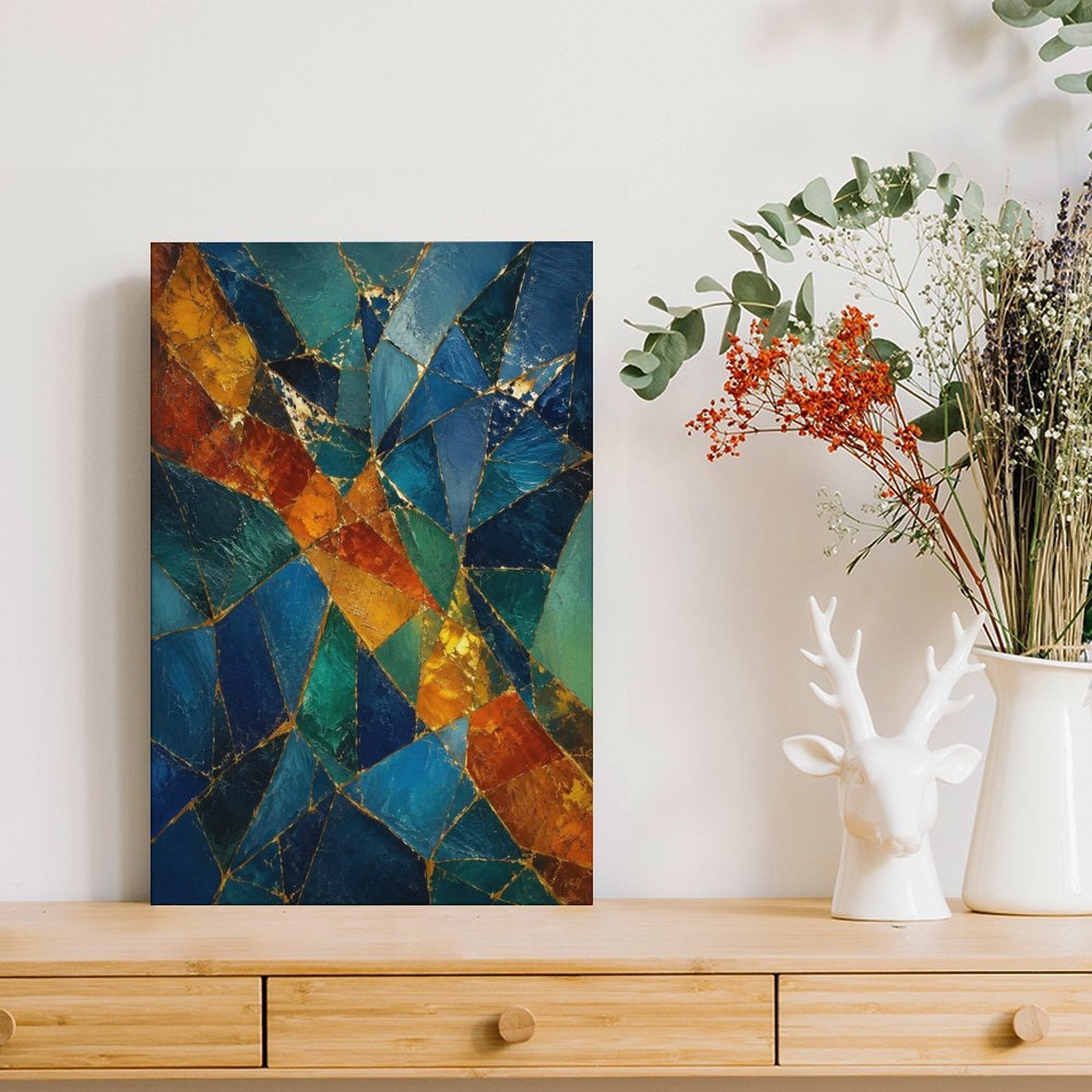 Teal Orange Gold Mosaic Stained Glass Abstract Framed Canvas Wall Art | Jewel Tone Geometric Print
