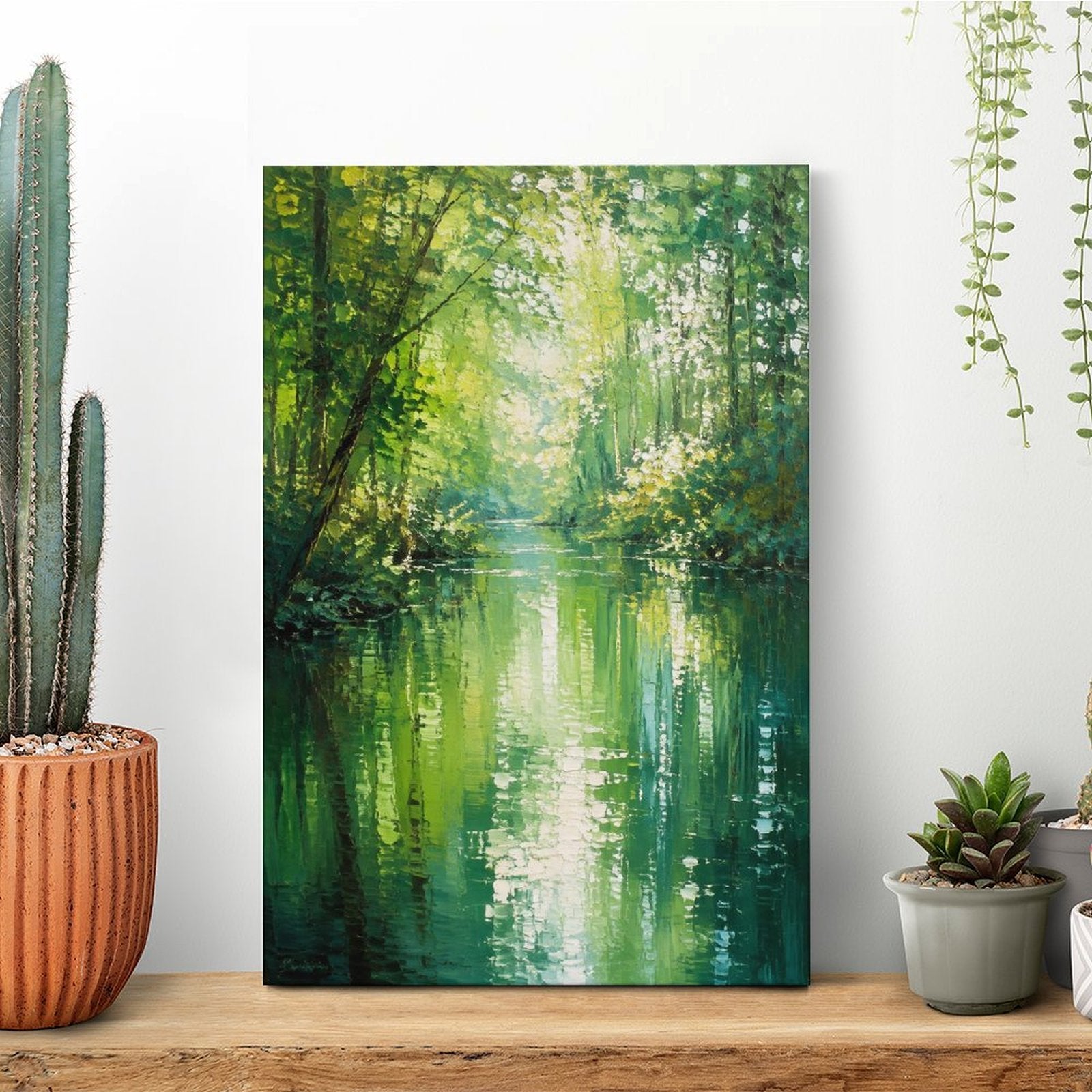 Emerald Forest River Monet-Style Framed Canvas Wall Art | Impressionist Green Nature Print