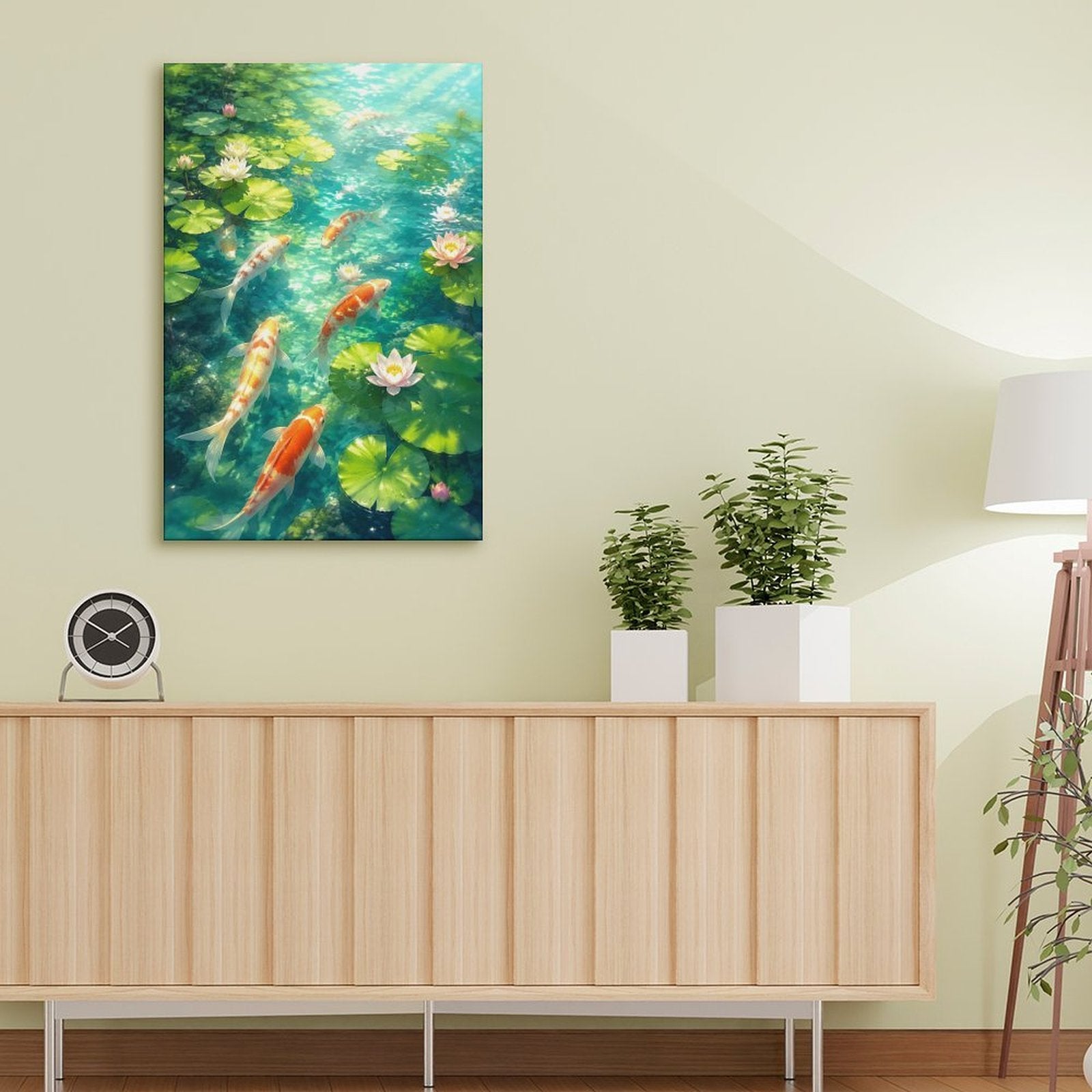 Koi Fish Lotus Pond Framed Canvas Wall Art | Japanese Zen Garden Nature Print