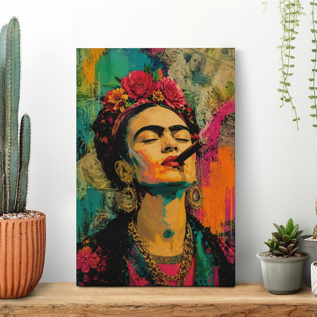 Frida-Style Pop Art Woman with Cigar Framed Canvas Wall Art | Bold Feminist Portrait Print