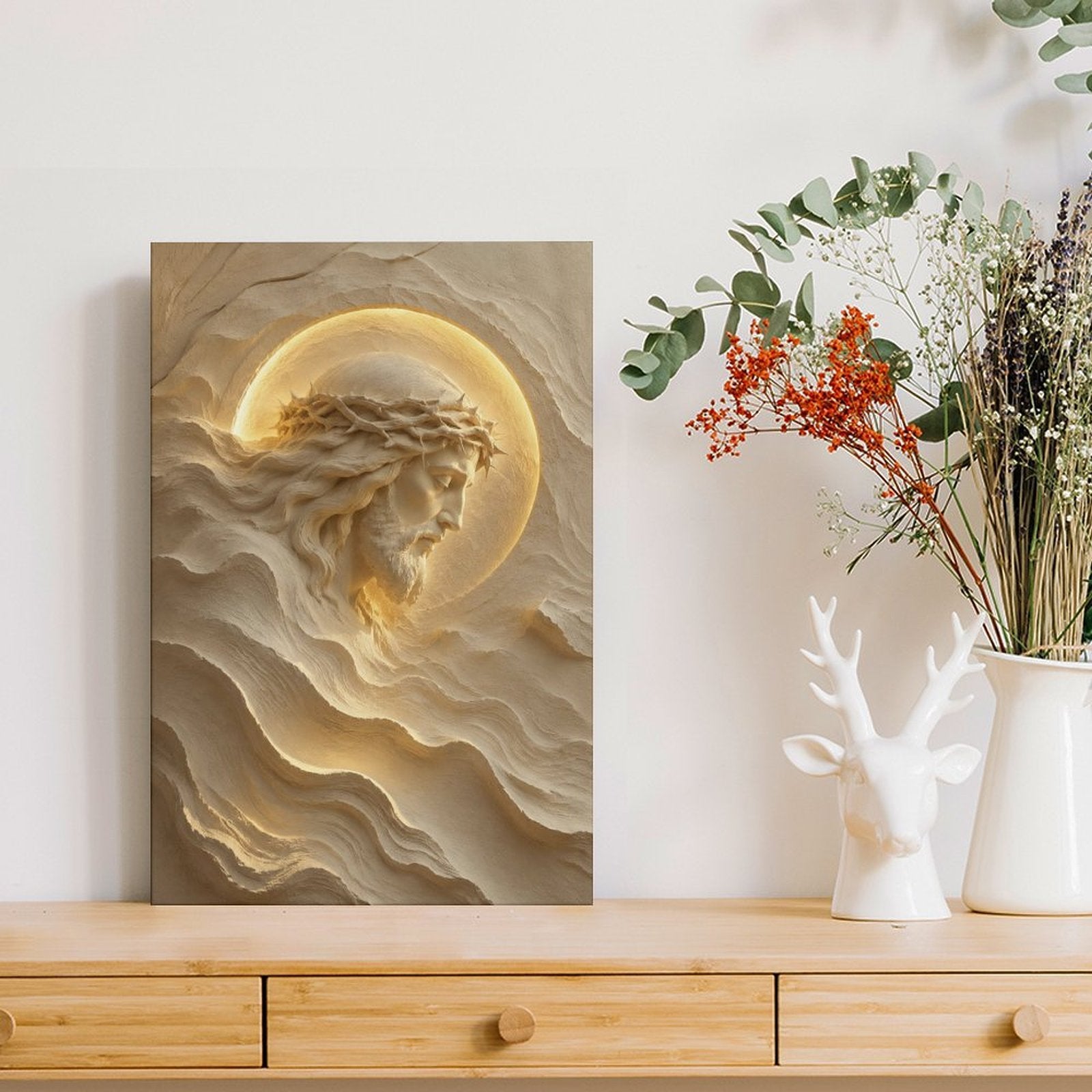 Jesus Crown of Thorns 3D Sand Relief Framed Canvas Wall Art | Sacred Religious Print