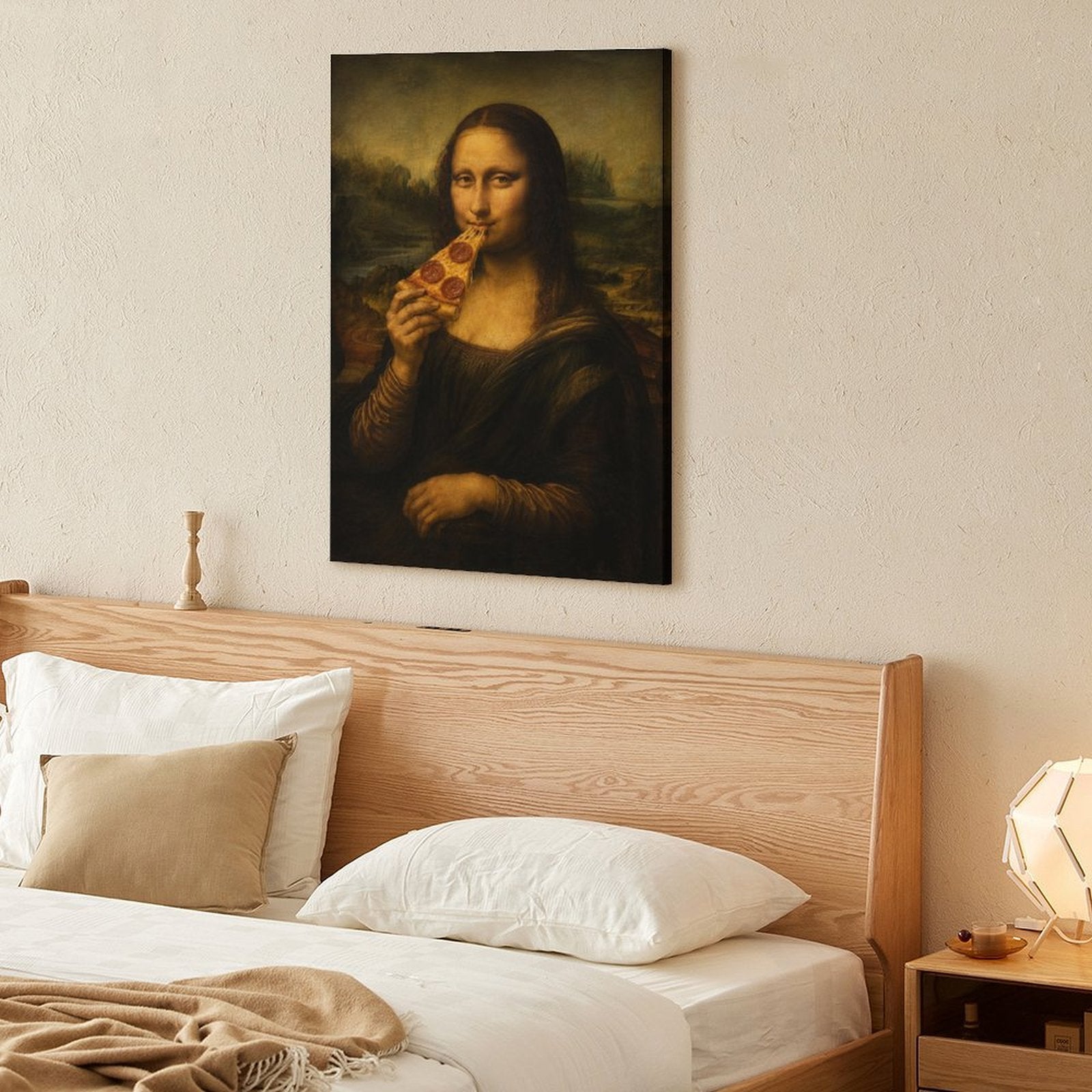 Mona Lisa Eating Pizza Funny Framed Canvas Wall Art | Humorous Pop Art Parody Print