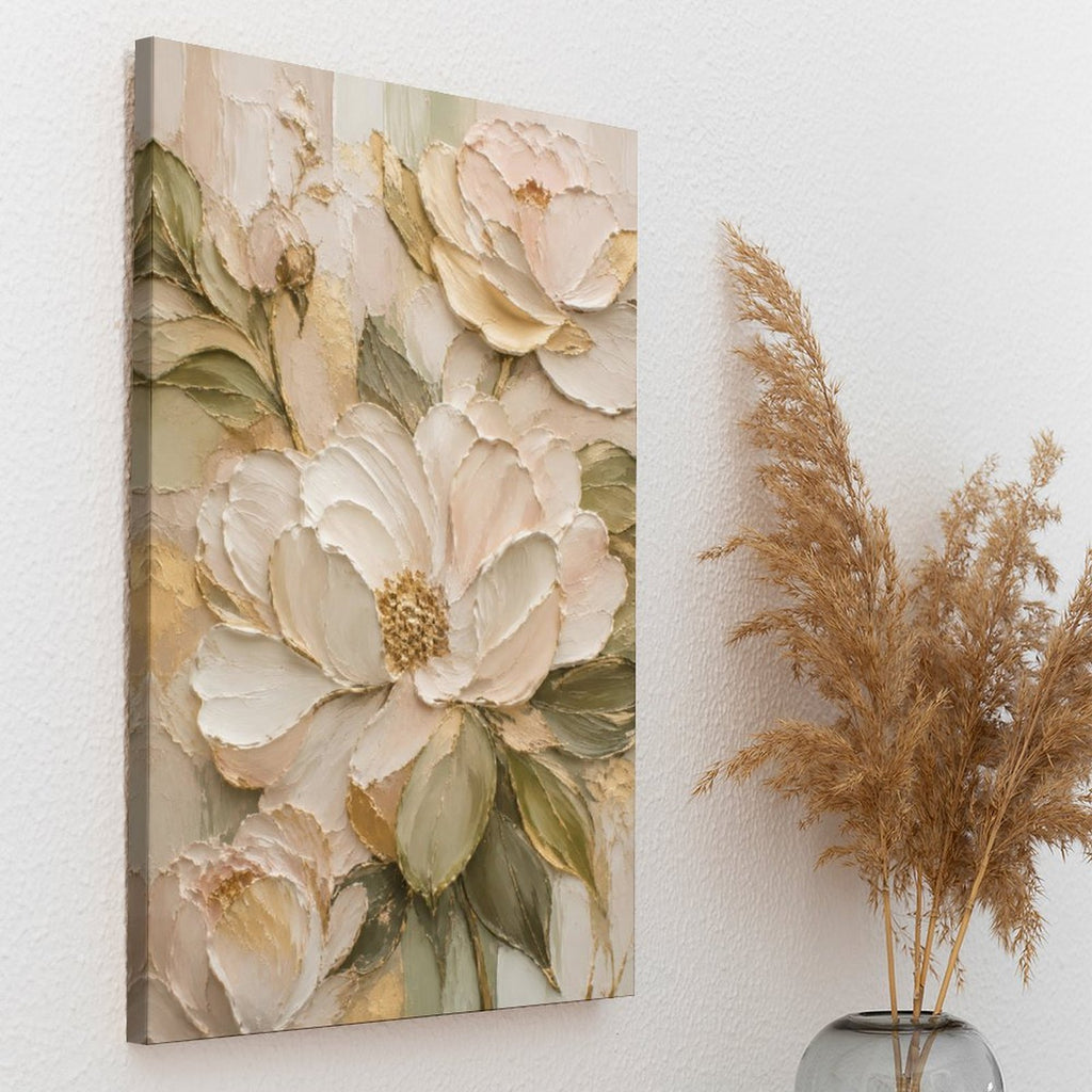 Cream Gold Peony Textured Framed Canvas Wall Art | Luxury Floral Relief Print