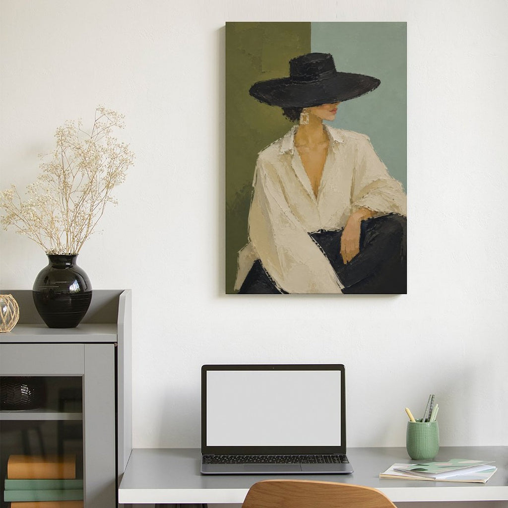 Minimalist Woman Black Hat White Shirt Framed Canvas Wall Art | Modern Fashion Portrait Print