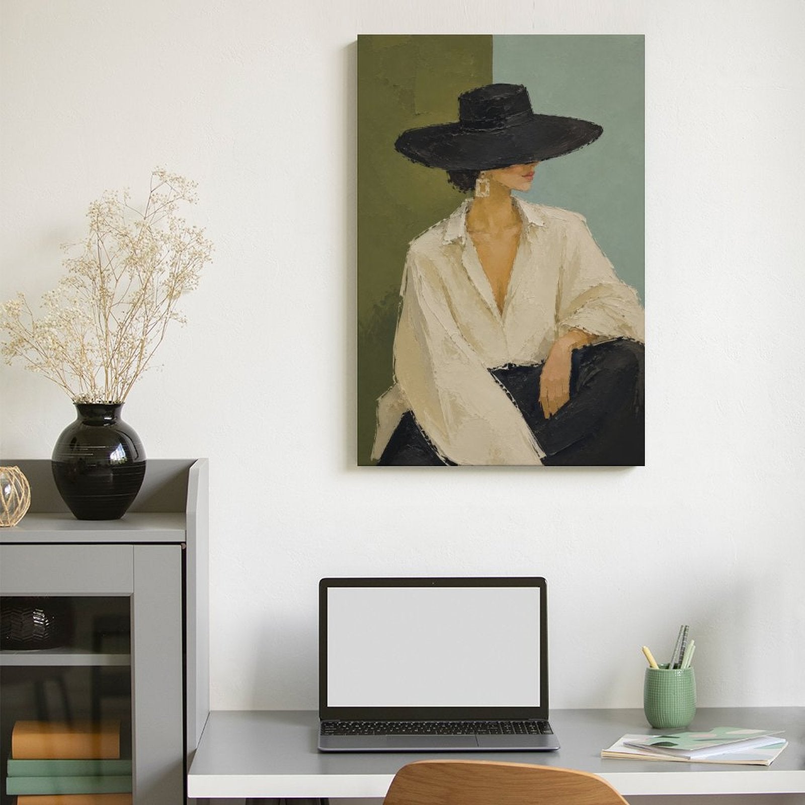 Minimalist Woman Black Hat White Shirt Framed Canvas Wall Art | Modern Fashion Portrait Print
