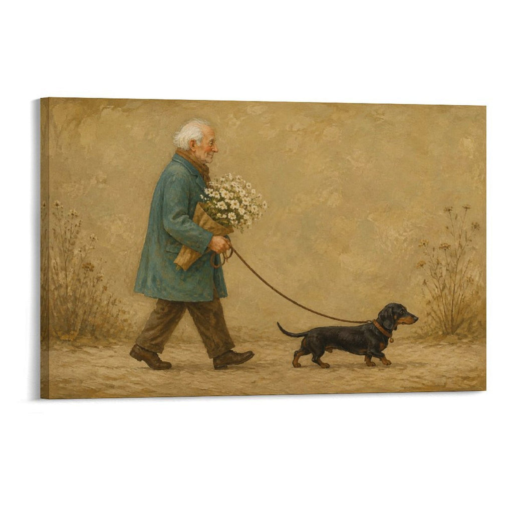 Old Man Walking Dachshund with Daisies Vintage Heartwarming Dog Framed Canvas Wall Art