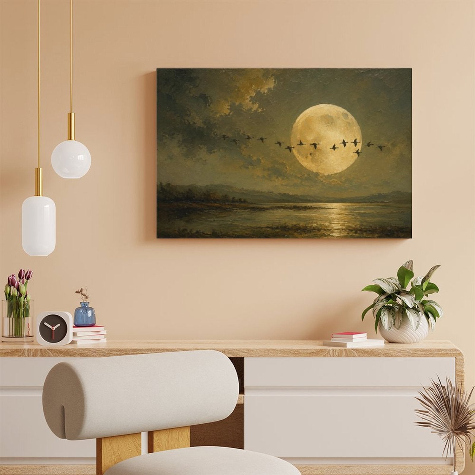 Full Moon Migrating Birds Lake Reflection Framed Canvas Wall Art | Old Master Nocturnal Landscape Print