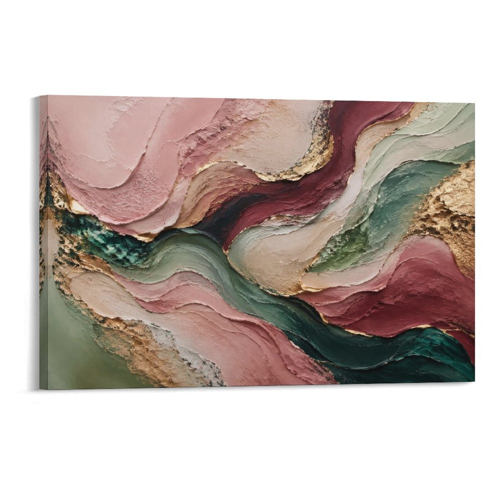 Rose Gold Teal Flowing Wave Textured Abstract Luxury Palette Knife Framed Canvas Wall Art